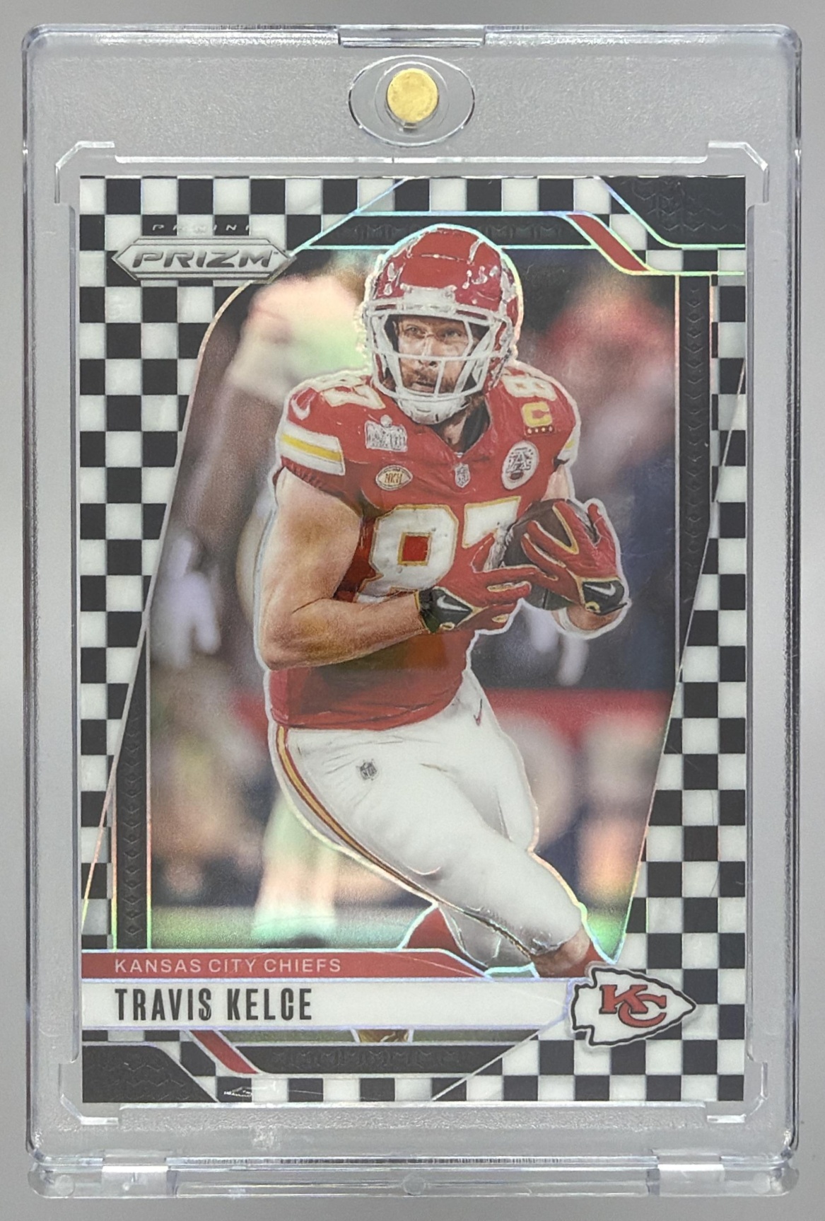 Card image for 2024 Panini Prizm Travis Kelce Black and Red Checker #140 Chiefs