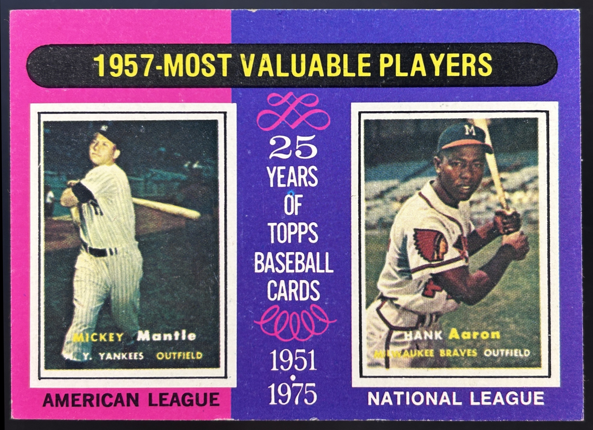 Card image for 1975 TOPPS 1957 MVPS MICKEY MANTLE HANK AARON M #195 NEW YORK YANKEES