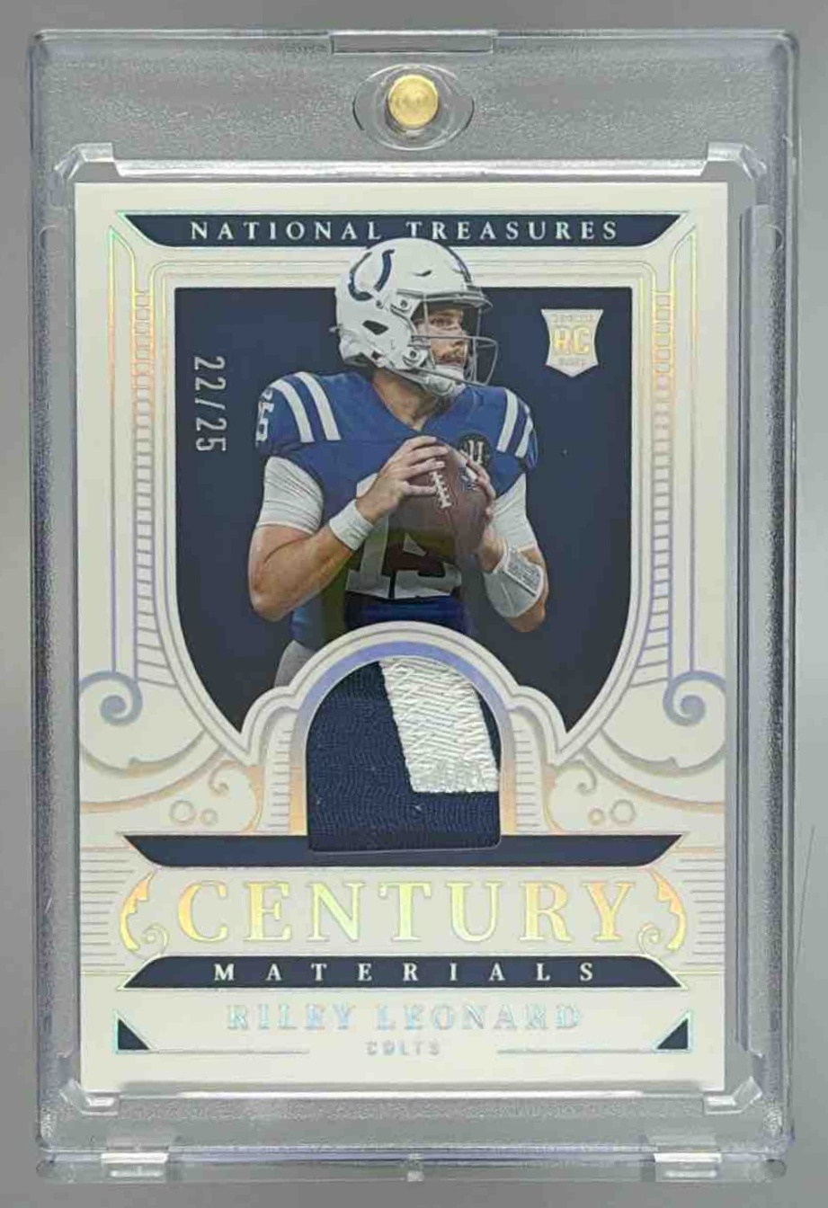 Card image for 2025 Panini National Treasures Riley Leonard Century Materials Holo Silver /25 #CM-RLD MEM RC Colts