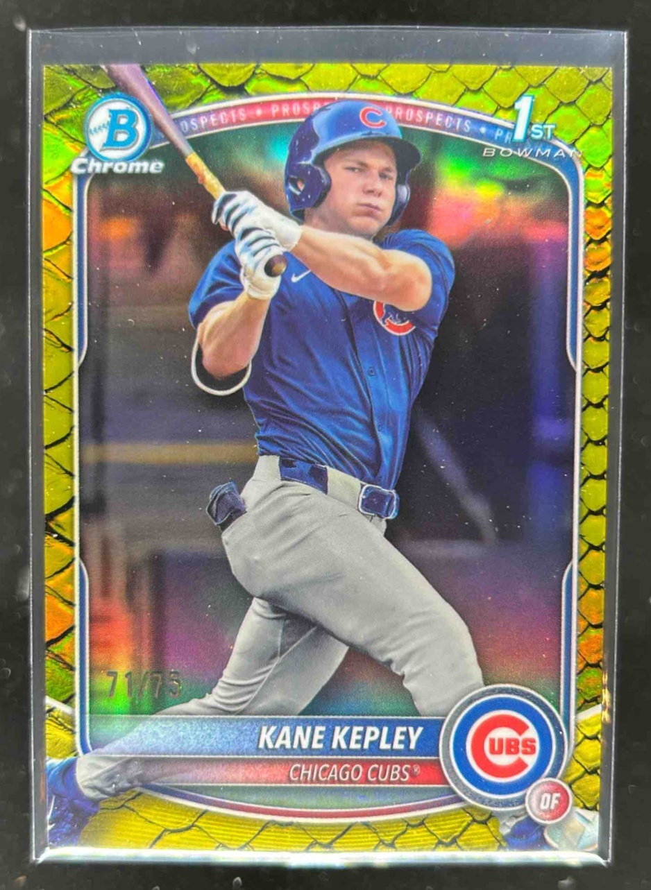 Card image for Kane Kepley 2025 Bowman Draft Chrome Yellow Reptilian Refractor /75