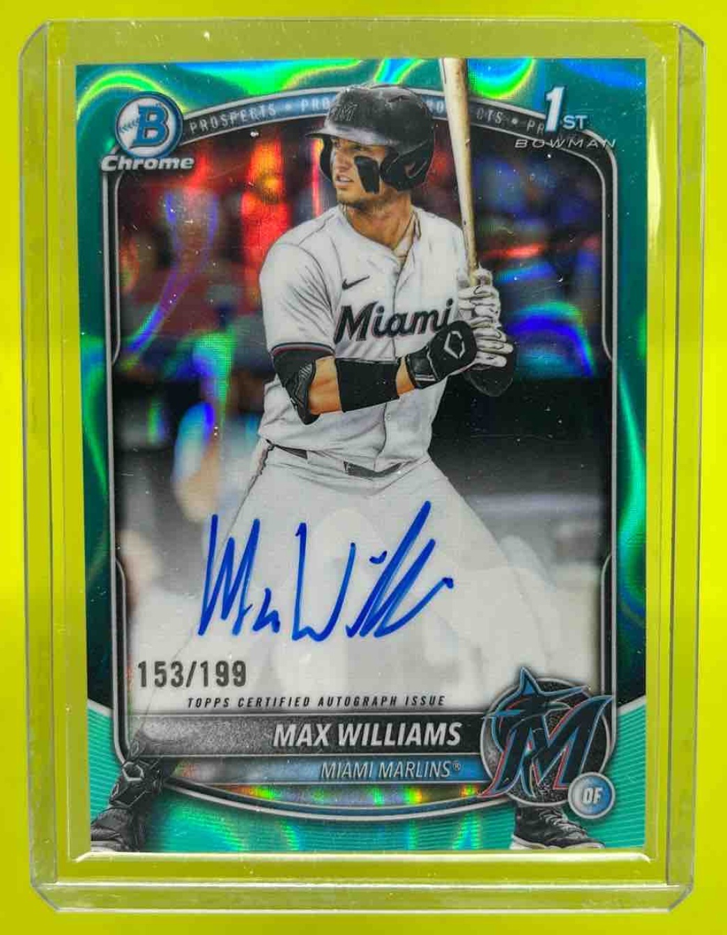 Max Williams 2025 Bowman Draft Chrome Prospect Auto Aqua Lava Refractor /199