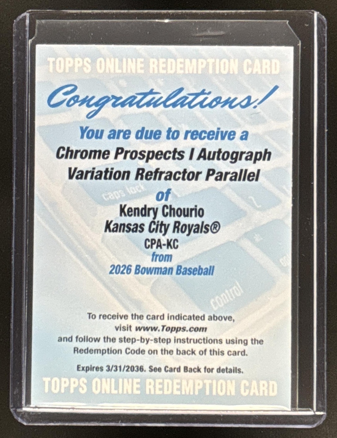 Card image for 2026 Bowman Kendry Chourio Chrome Auto Refractor /499 1st Prospect