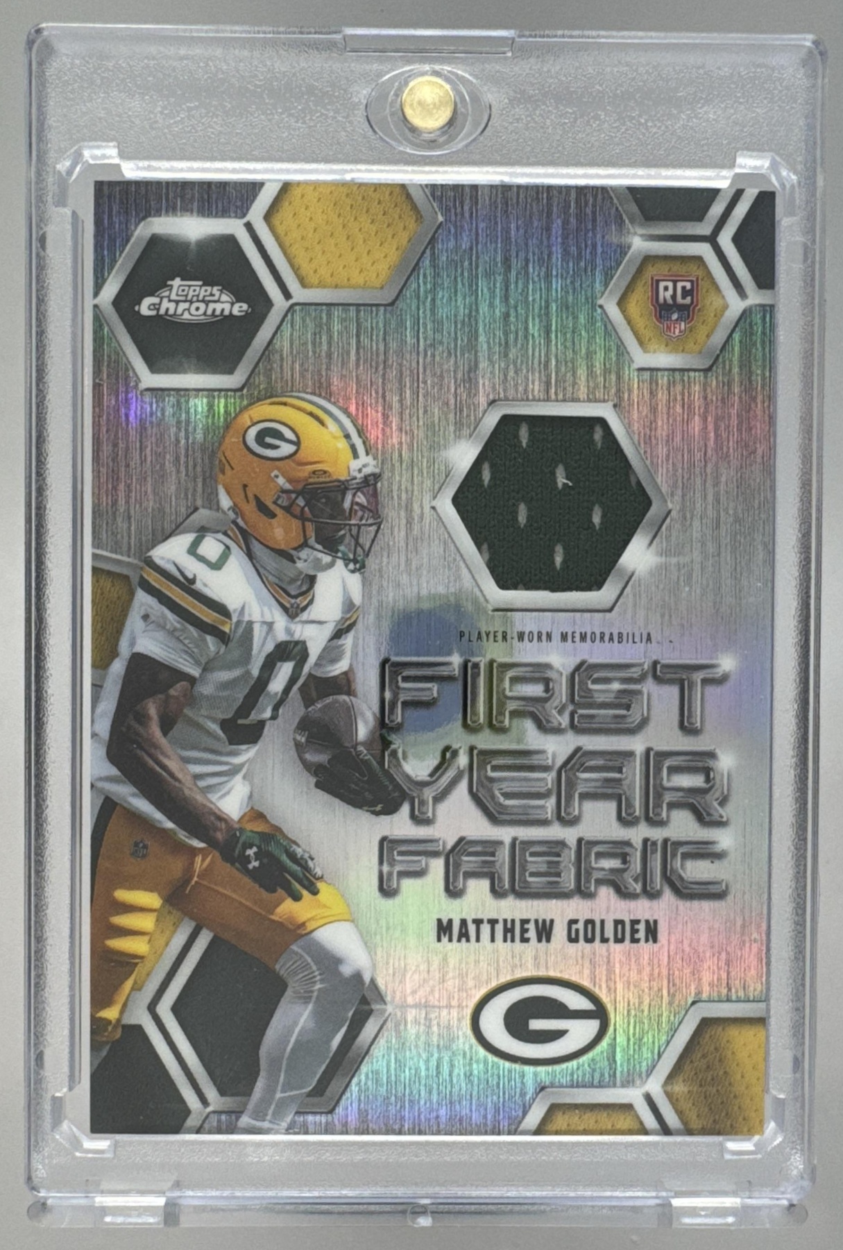 Card image for 2025 Topps Chrome Matthew Golden First Year Fabric #FYF-MG MEM RC Packers