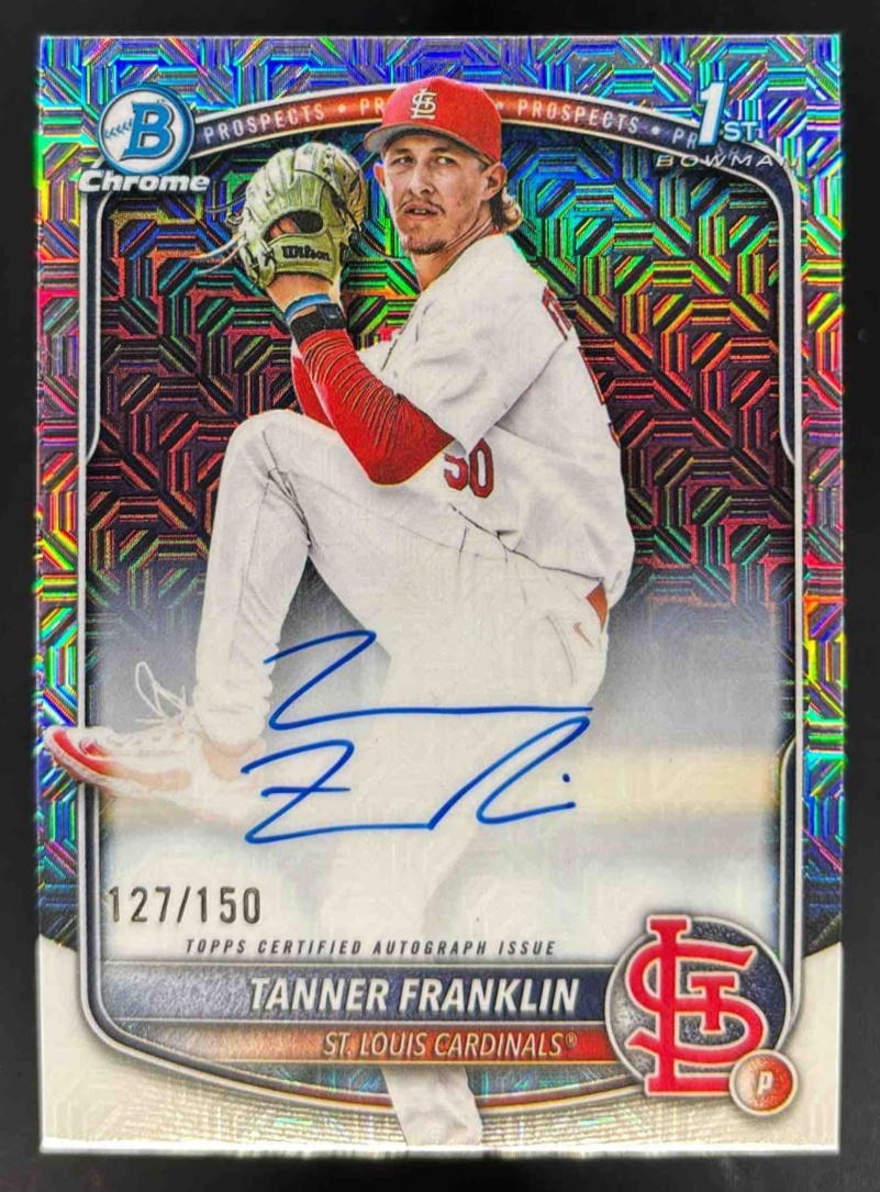 Card image for 2025 Bowman Draft Tanner Franklin Chrome Auto HTA Choice Refractor /150 1st Prospect