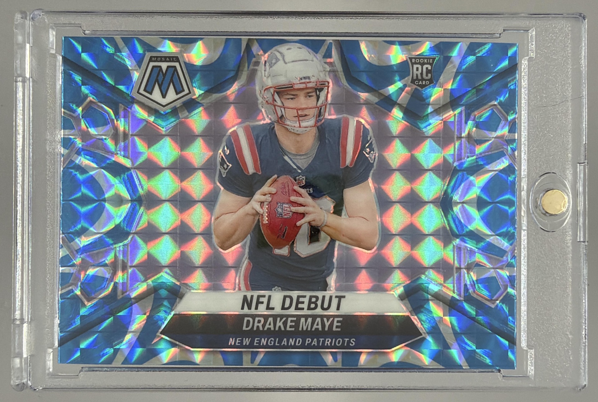 Card image for 2024 Panini Mosaic Drake Maye Reactive Blue Prizm #273 RC NFL Debut Patriots