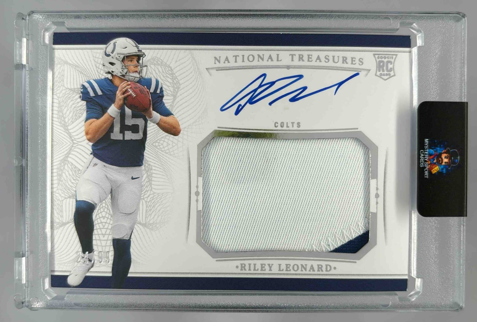 Card image for 2025 Panini National Treasures Riley Leonard Crossover Rookie Patch Auto /99 #CRPA-RLD RC MEM Colts