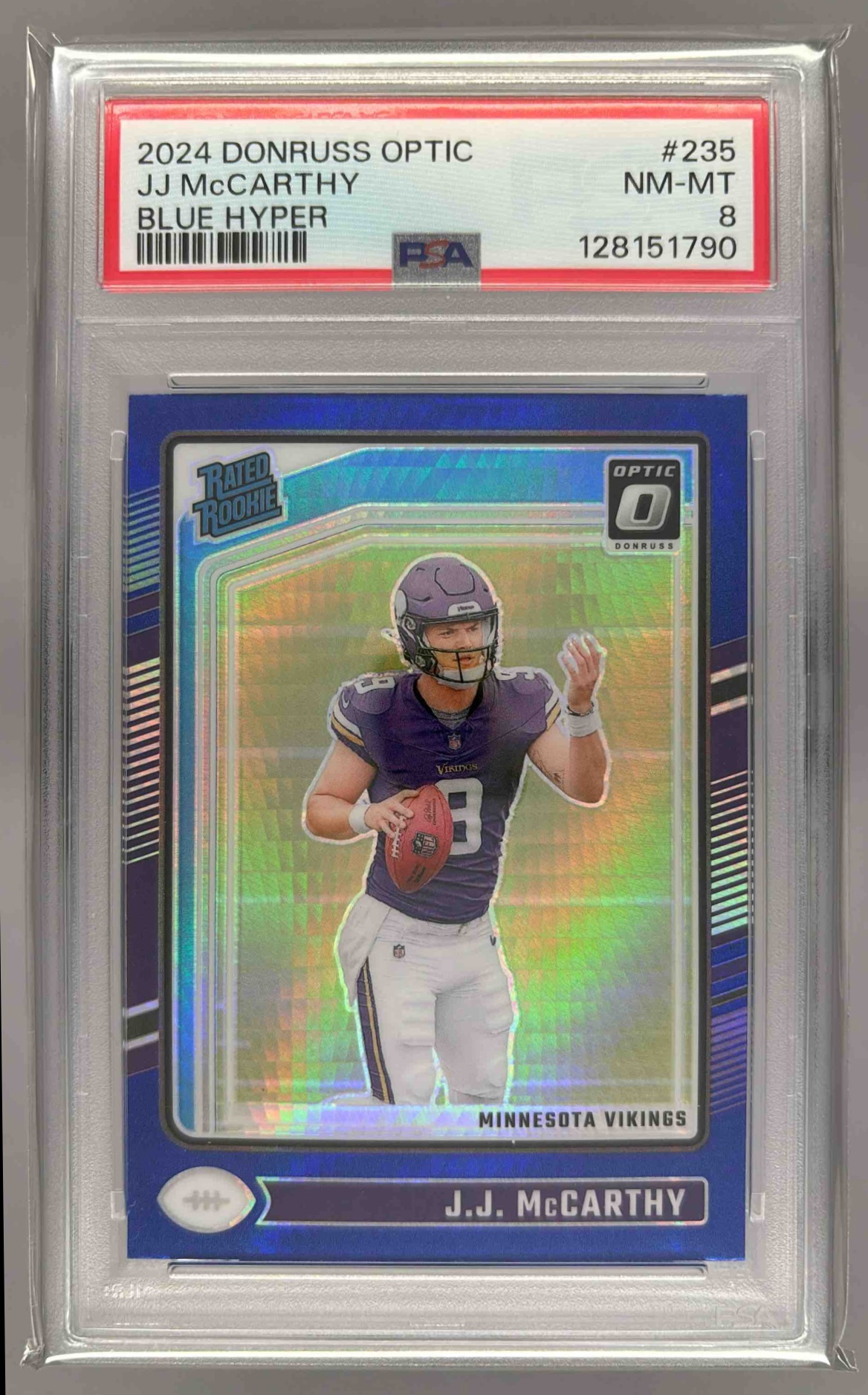 Card image for 2024 Panini Donruss Optic J.J. McCarthy Blue Hyper #235 Rated Rookie Vikings