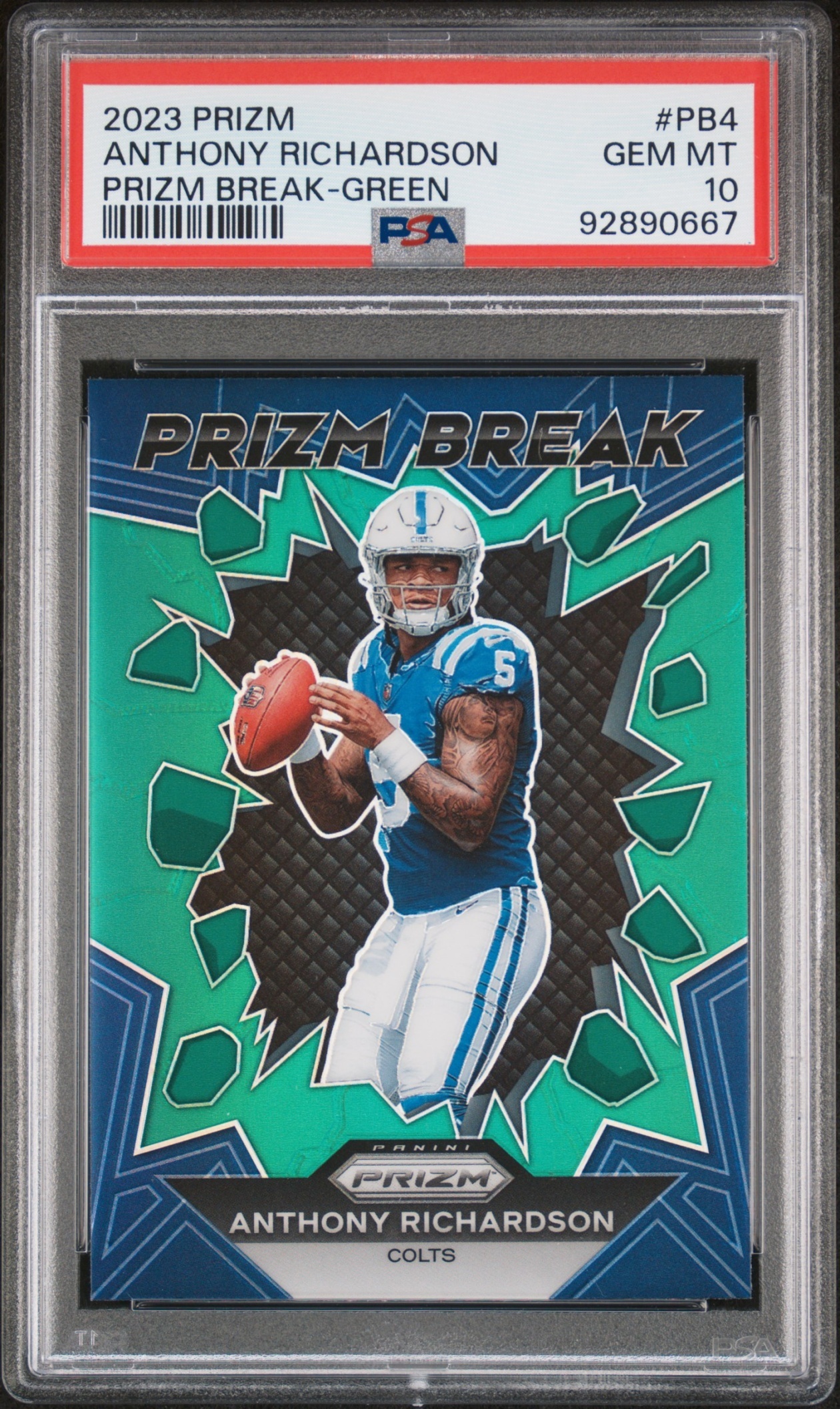 Card image for 2023 Panini Prizm Anthony Richardson Break Prizms Green #PB-4 RC Colts