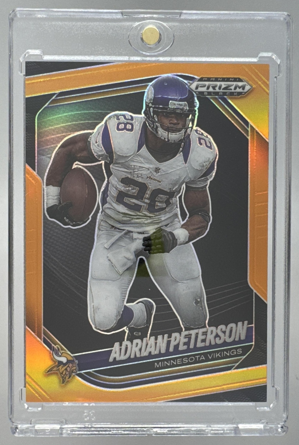 Card image for 2025 Panini Prizm Black Adrian Peterson Orange /49 #90 Vikings