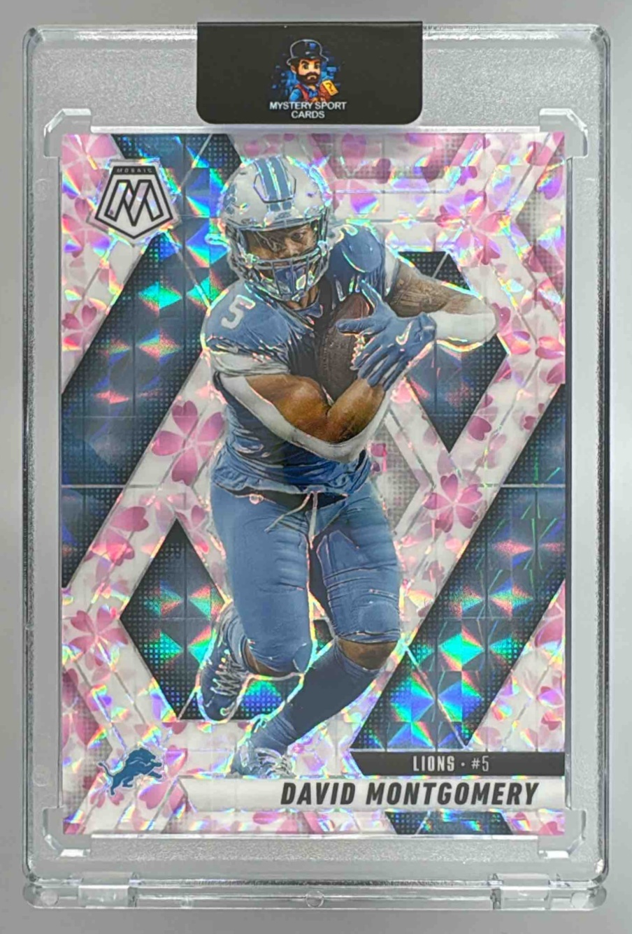 Card image for 2025 Panini Mosaic David Montgomery Choice Cherry Blossom Prizm /20 #228 Lions