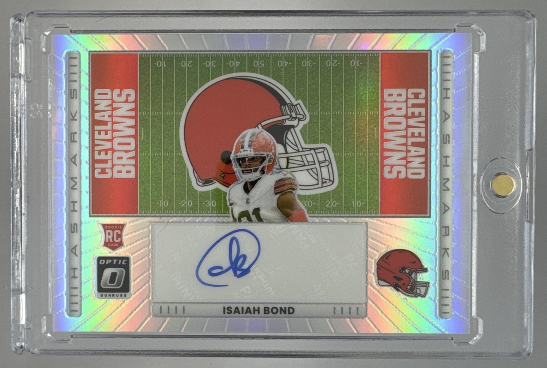 Card image for 2025 Panini Donruss Optic Isaiah Bond Hash Mark Auto Holo Prizm #HM-IB RC Browns