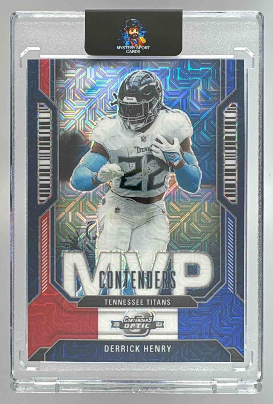 Card image for 2023 Panini Contenders Optic Derrick Henry MVP Red White and Blue /13 #MVP-23 Titans