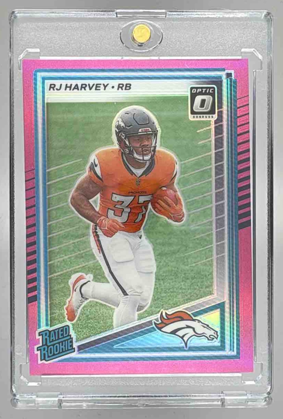 Card image for 2025 Panini Donruss RJ Harvey Optic Rated Rookie Preview Pink #312 RC Broncos