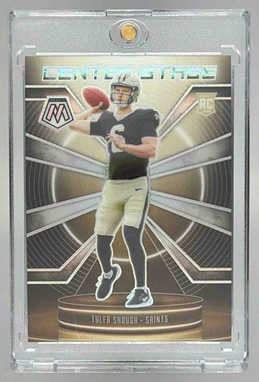 Card image for 2025 Panini Football Mosaic Tyler Shough Center Stage #2 RC New Orleans Saints