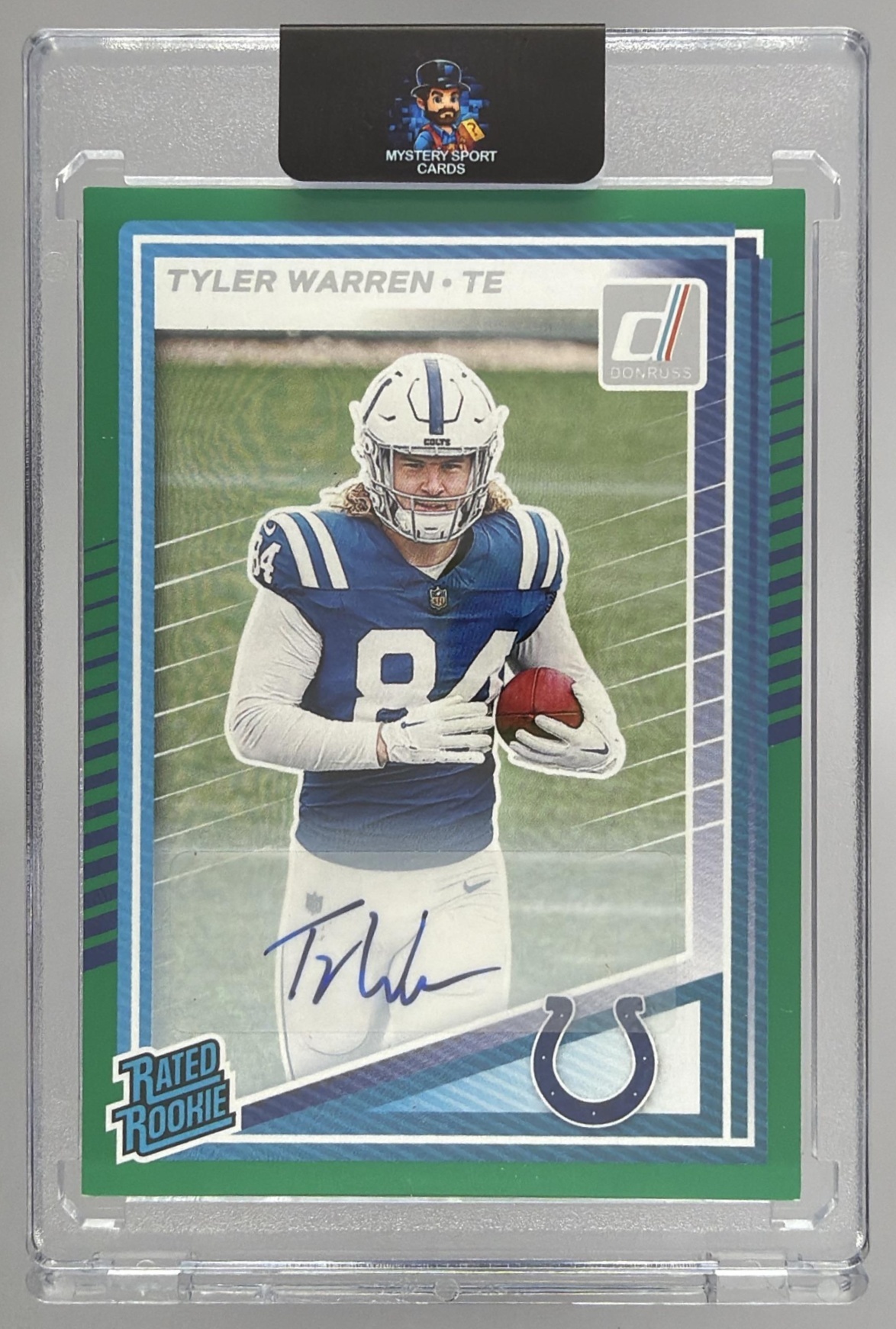 Card image for 2025 Panini Donruss Tyler Warren Rated Rookie Auto Green #337 RC Colts