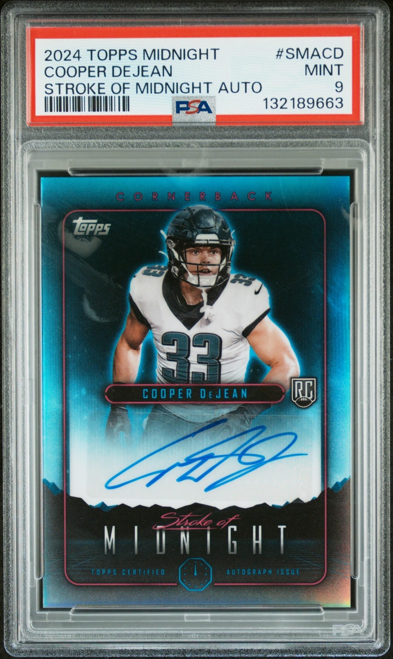 Card image for 2024 Topps Midnight Cooper DeJean Stroke of Auto #SMA-CD RC Eagles