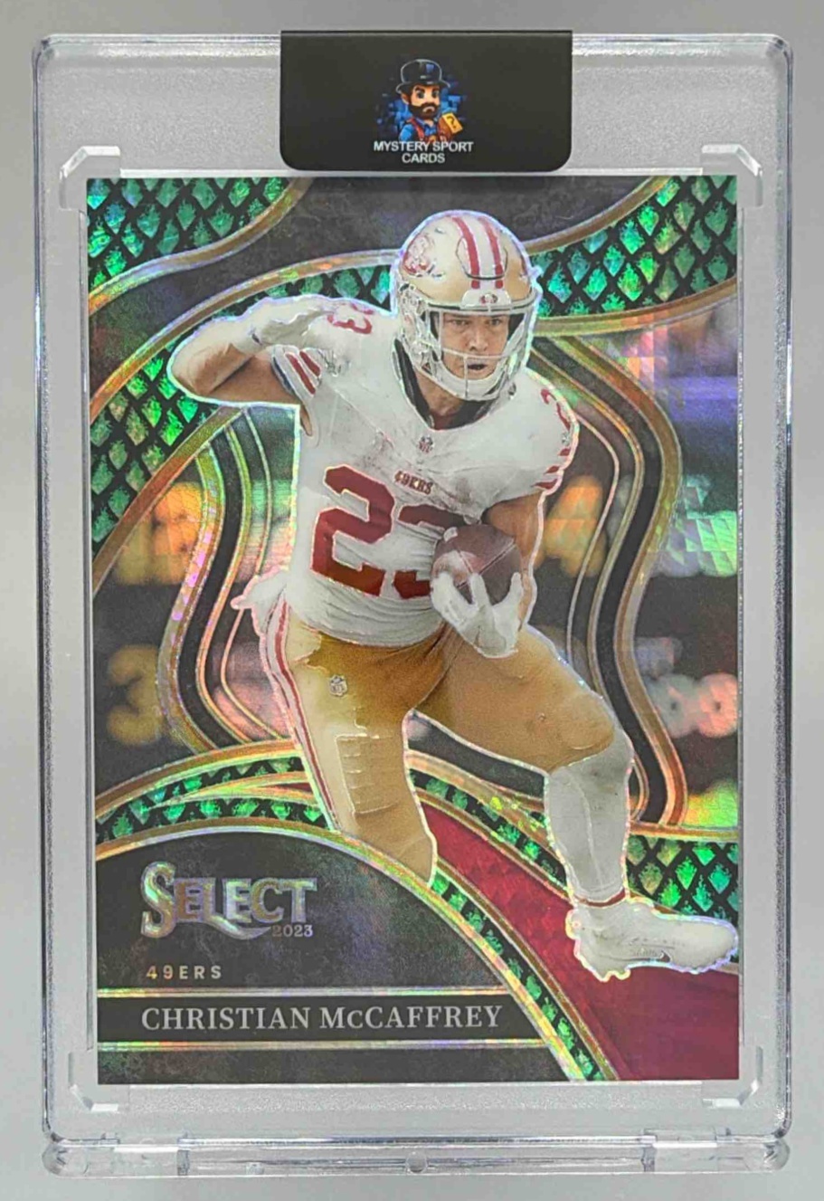 Card image for 2023 Panini Select Christian McCaffrey Dragon Scale Prizms /70 #285 Club 49ers
