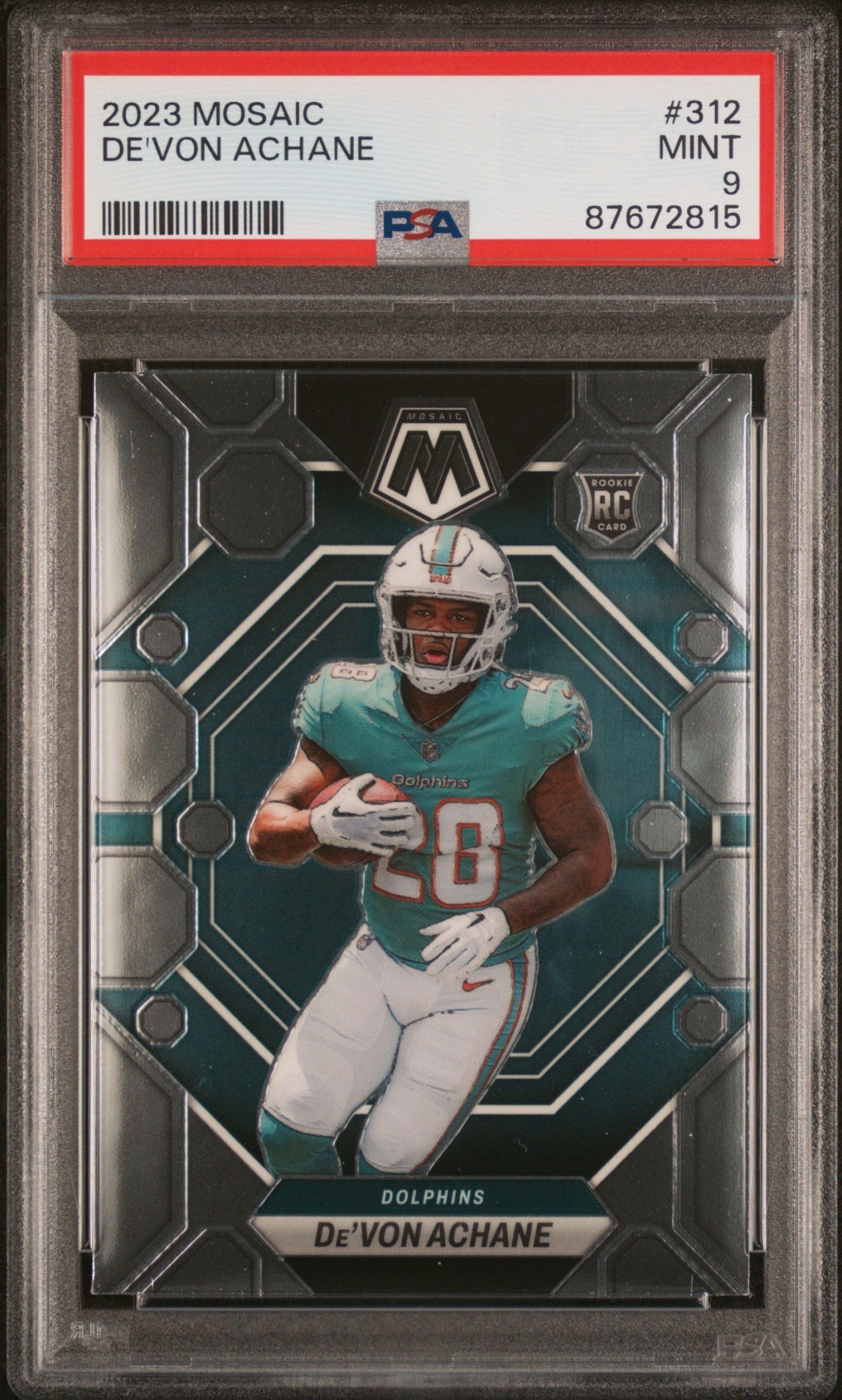 Card image for 2023 Panini Football Mosaic De'Von Achane Mosaic #312 RC Miami Dolphins