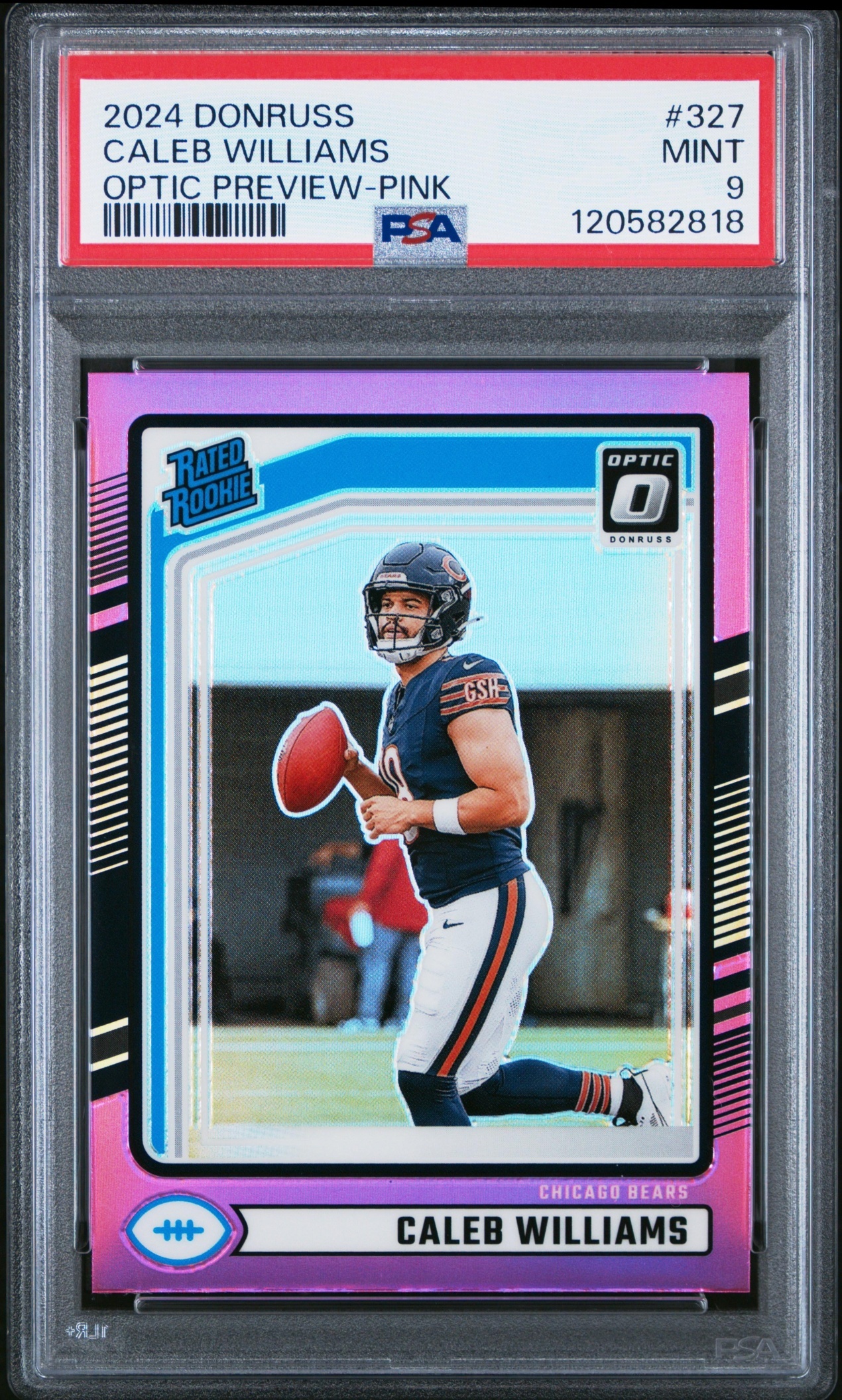 Card image for 2024 Panini Donruss Caleb Williams Optic Rated Rookie Preview Red and Green #327 Bears