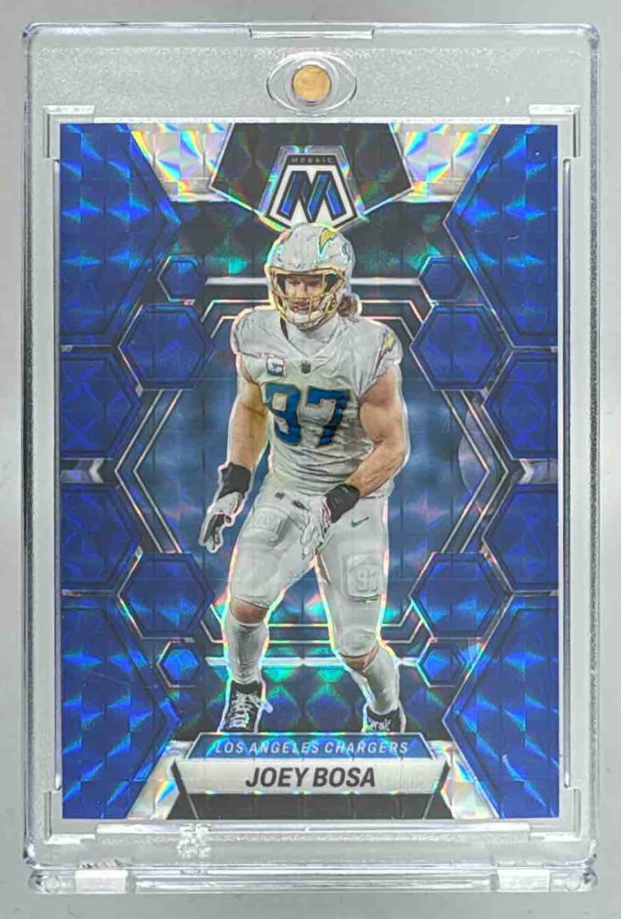 Card image for 2023 Panini Mosaic Joey Bosa Blue Mosaic Prizm /99 #131 Chargers