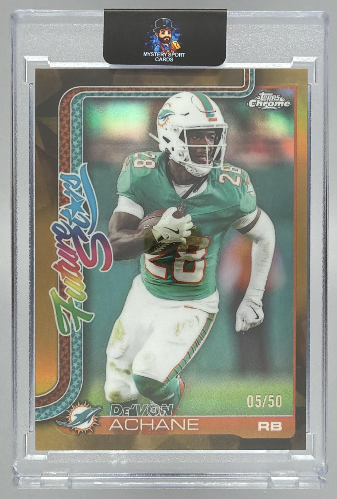 Card image for 2025 Topps Chrome De'Von Achane Future Stars Gold Refractor /50 #FS-12 SP Dolphins
