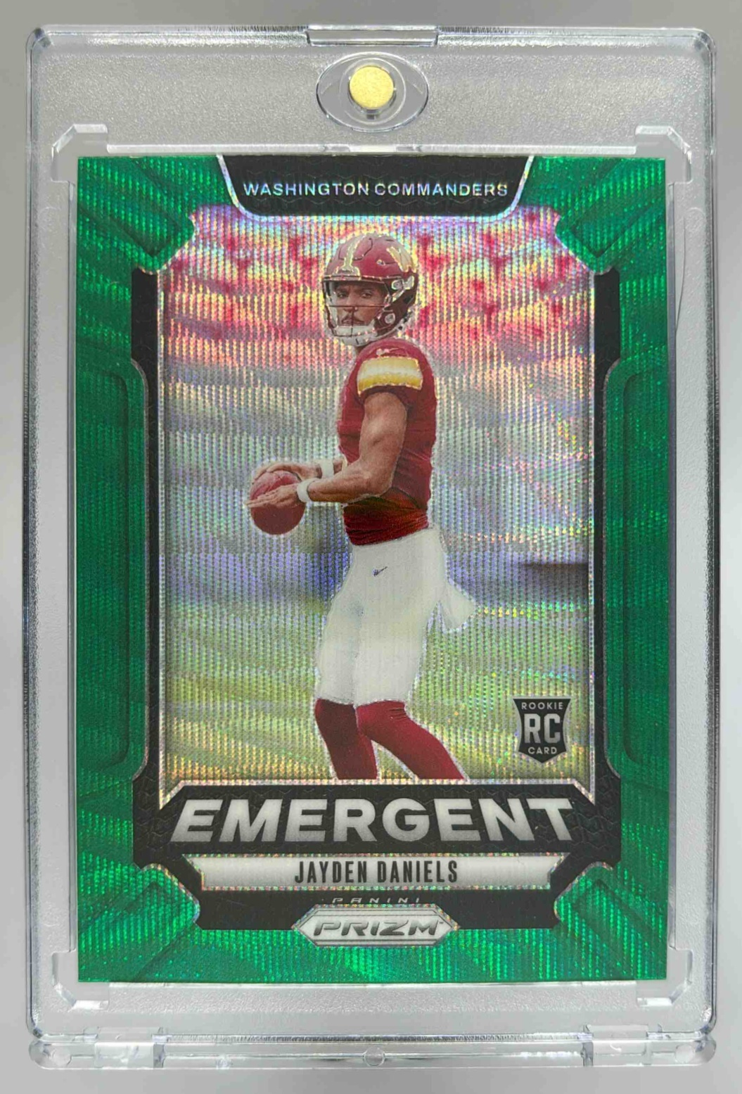 Card image for 2024 Panini Prizm Jayden Daniels Emergent Green #2 RC Commanders