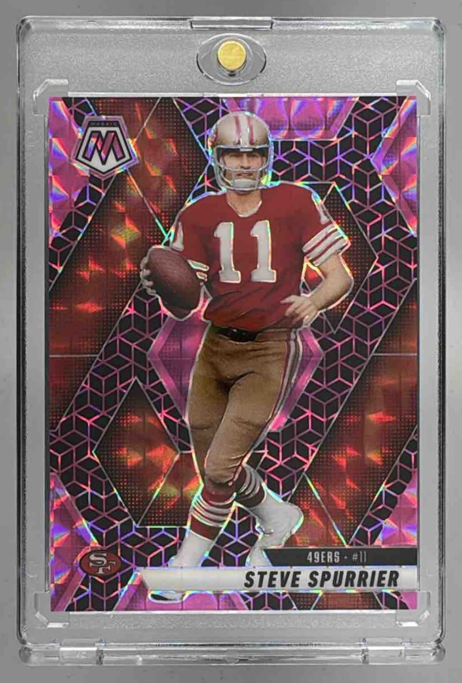 Card image for 2025 Panini Mosaic Steve Spurrier Pink Spectris Prizm FOTL /13 #42 49ers