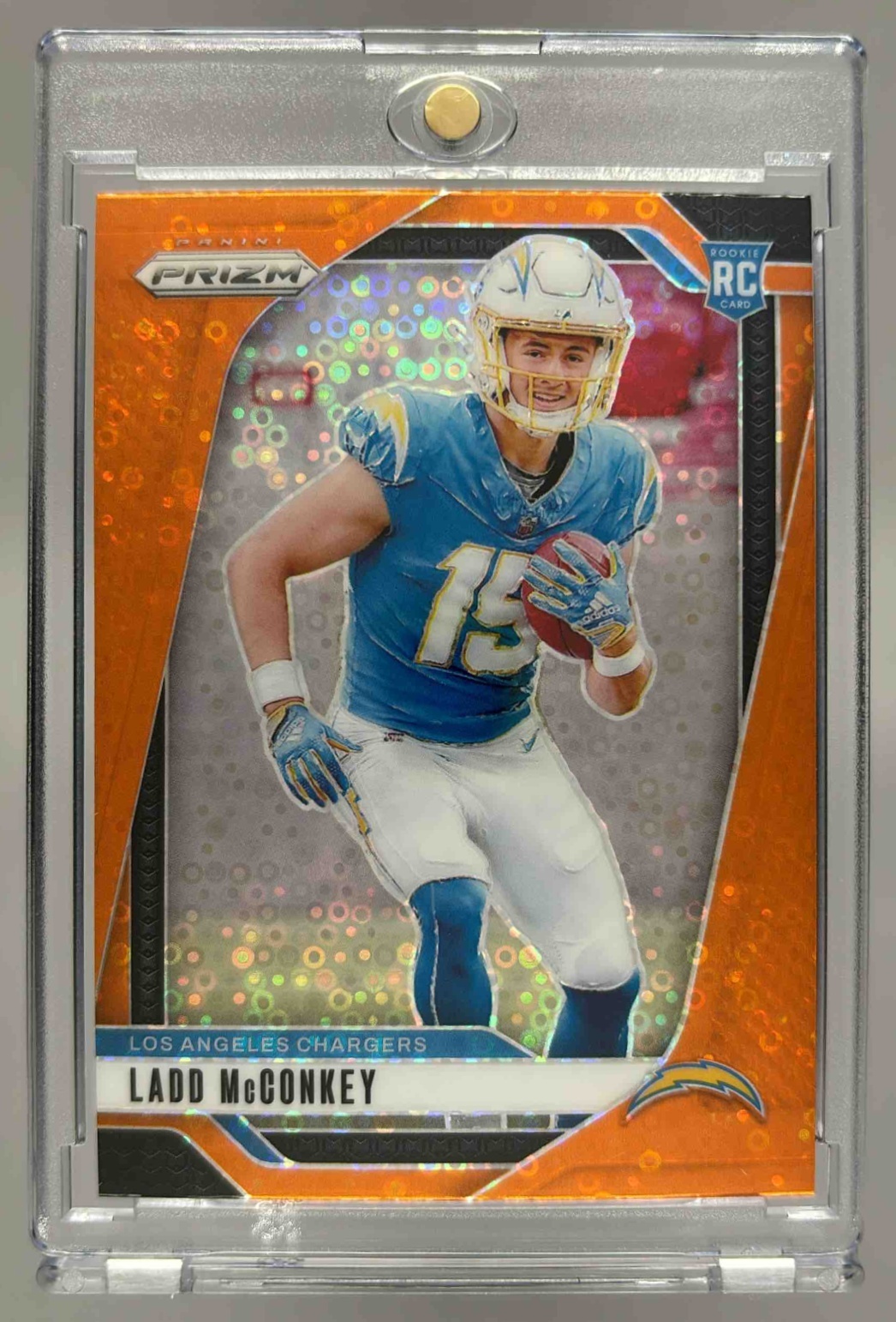 Card image for 2024 Panini Football Prizm Ladd McConkey Disco #365 RC Los Angeles Chargers