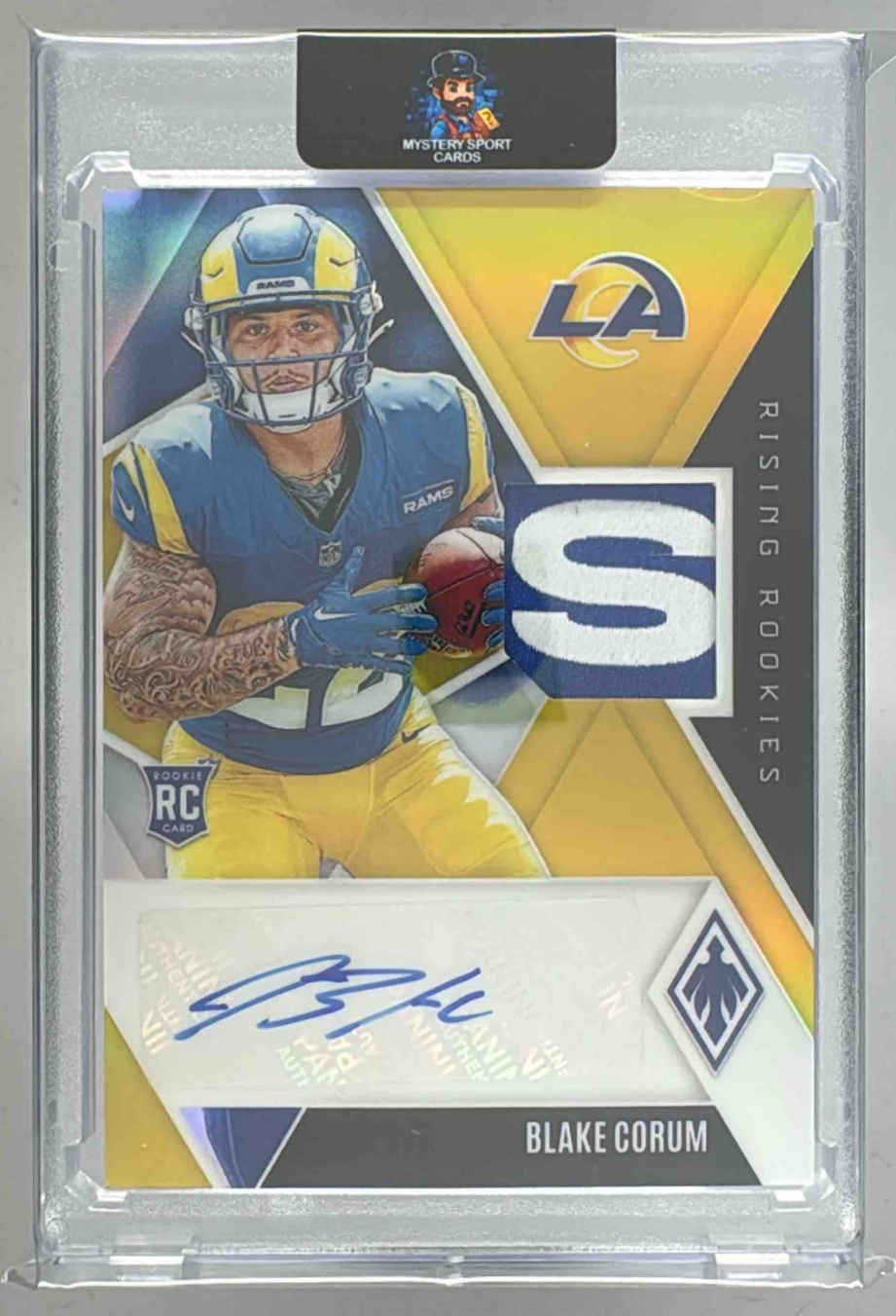 Card image for 2024 Panini Phoenix Blake Corum Rising Rookie Auto Jersey Logos /10 #RRAJ-BCM MEM RC Rams