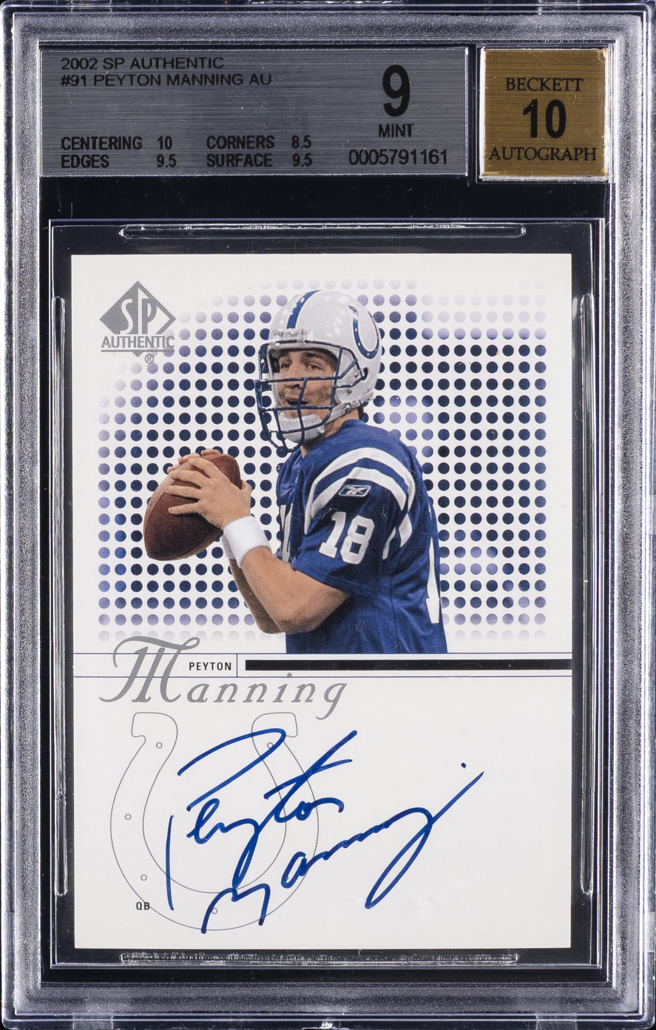 2002 SP Football Authentic Peyton Manning #91 Auto Indianapolis Colts BGS 9