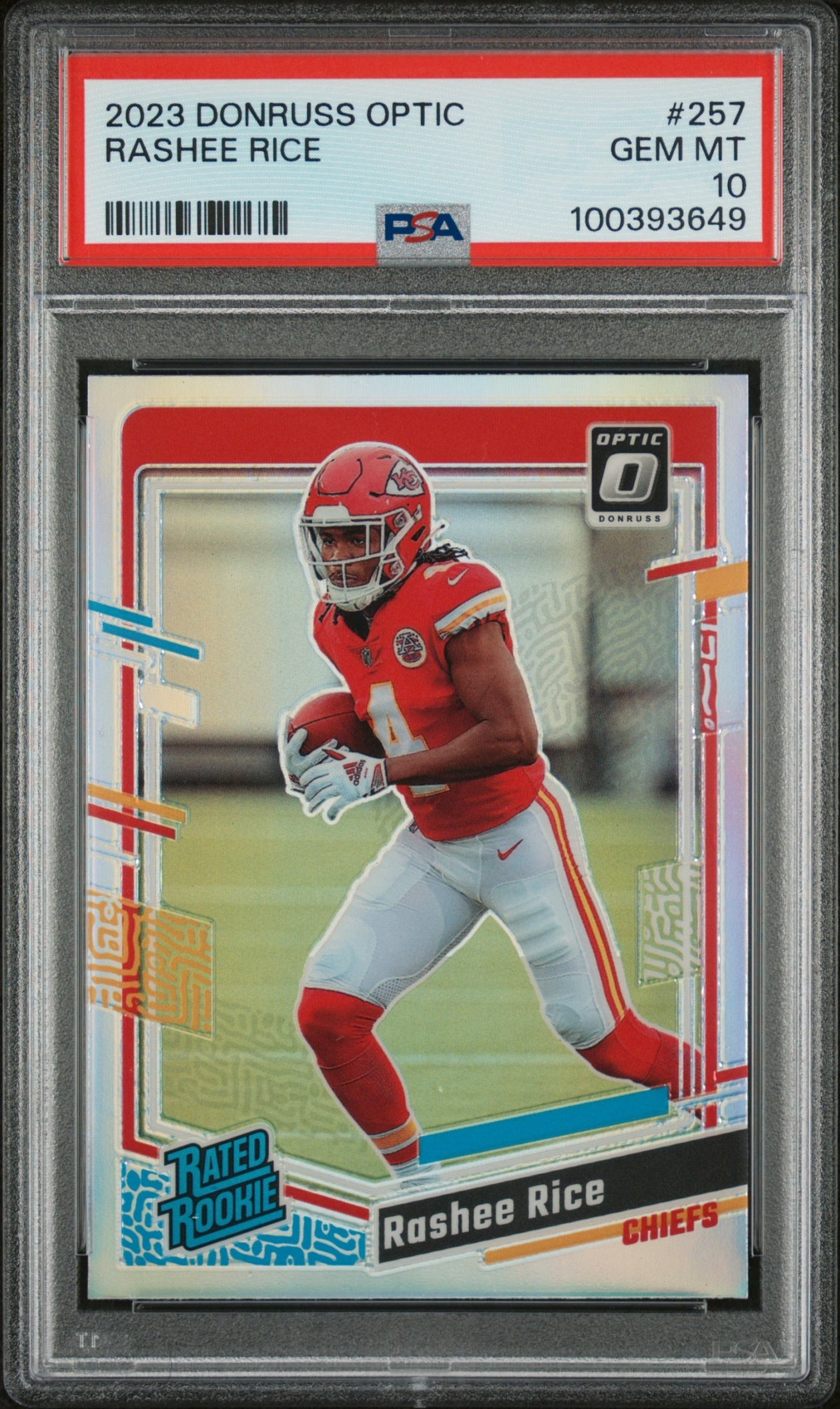 Card image for 2023 Panini Donruss Optic Rashee Rice Red Hyper Prizm #257 RC Rated Rookie Chiefs