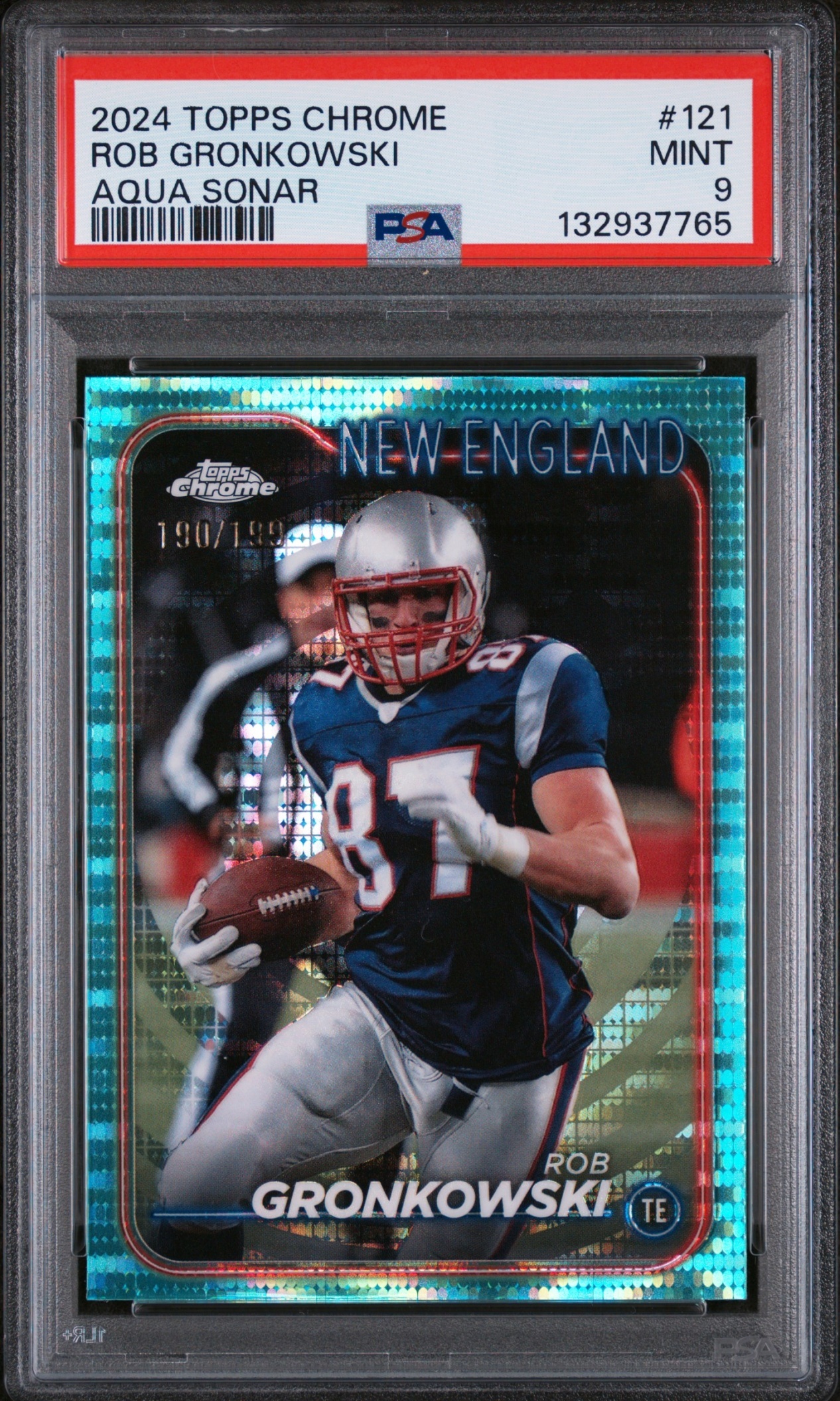 Card image for 2024 Topps Chrome Rob Gronkowski Aqua Sonar Refractor /199 #121 Patriots