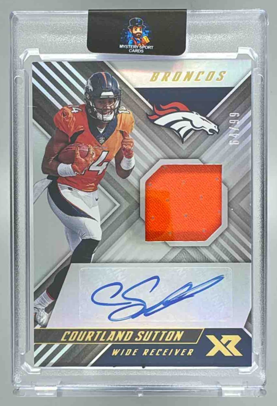 Card image for 2018 Panini XR Courtland Sutton Rookie Swatch Auto /99 #RSA15 RC MEM Broncos