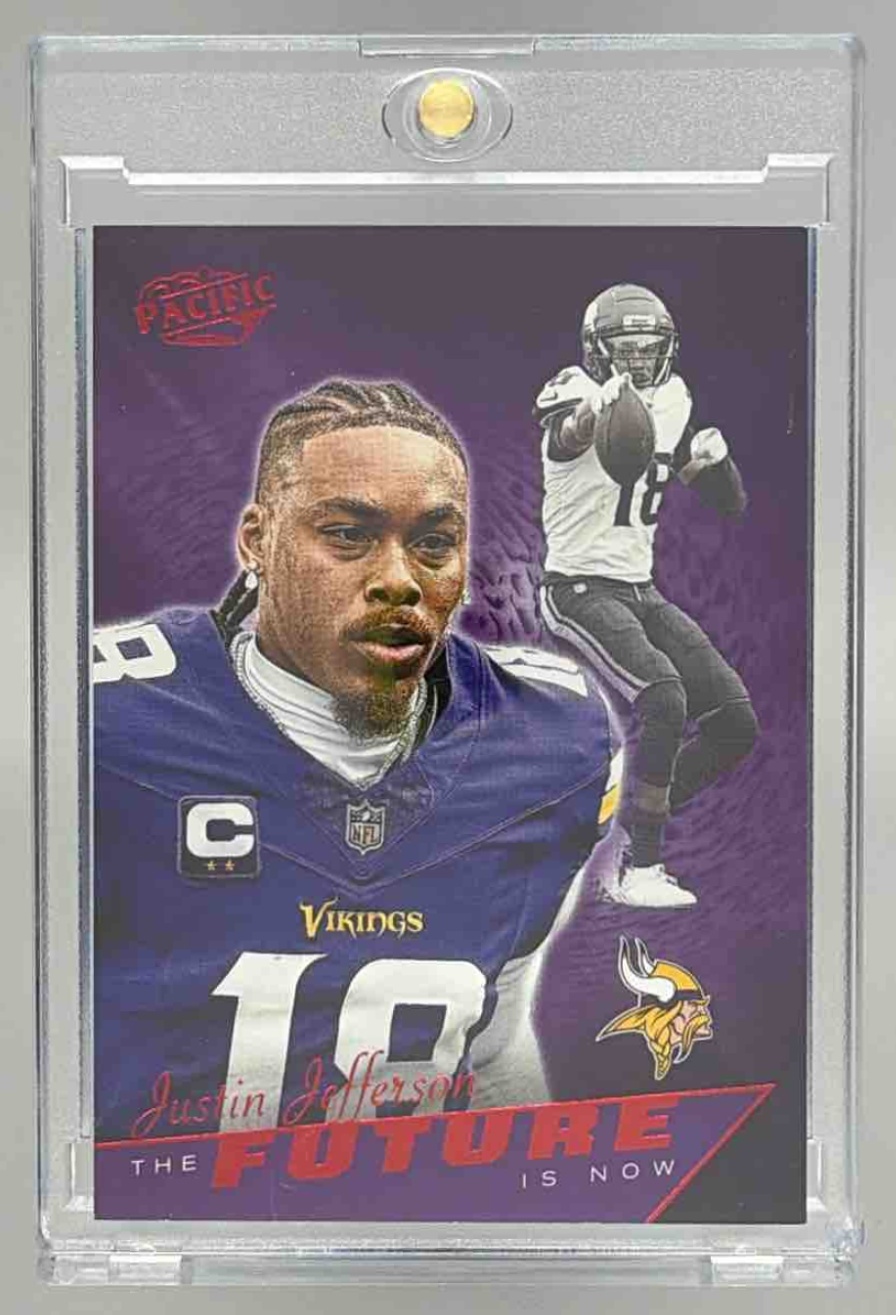Card image for 2024 Panini Encore Justin Jefferson Pacific The Future is Now Red /75 #6 Vikings