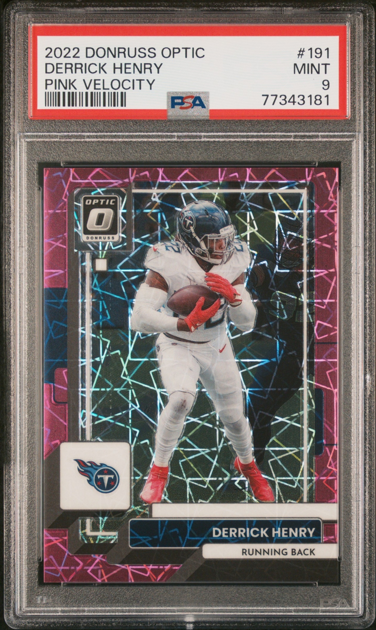 Card image for 2022 Panini Donruss Optic Derrick Henry Pink Velocity /79 #191 Titans