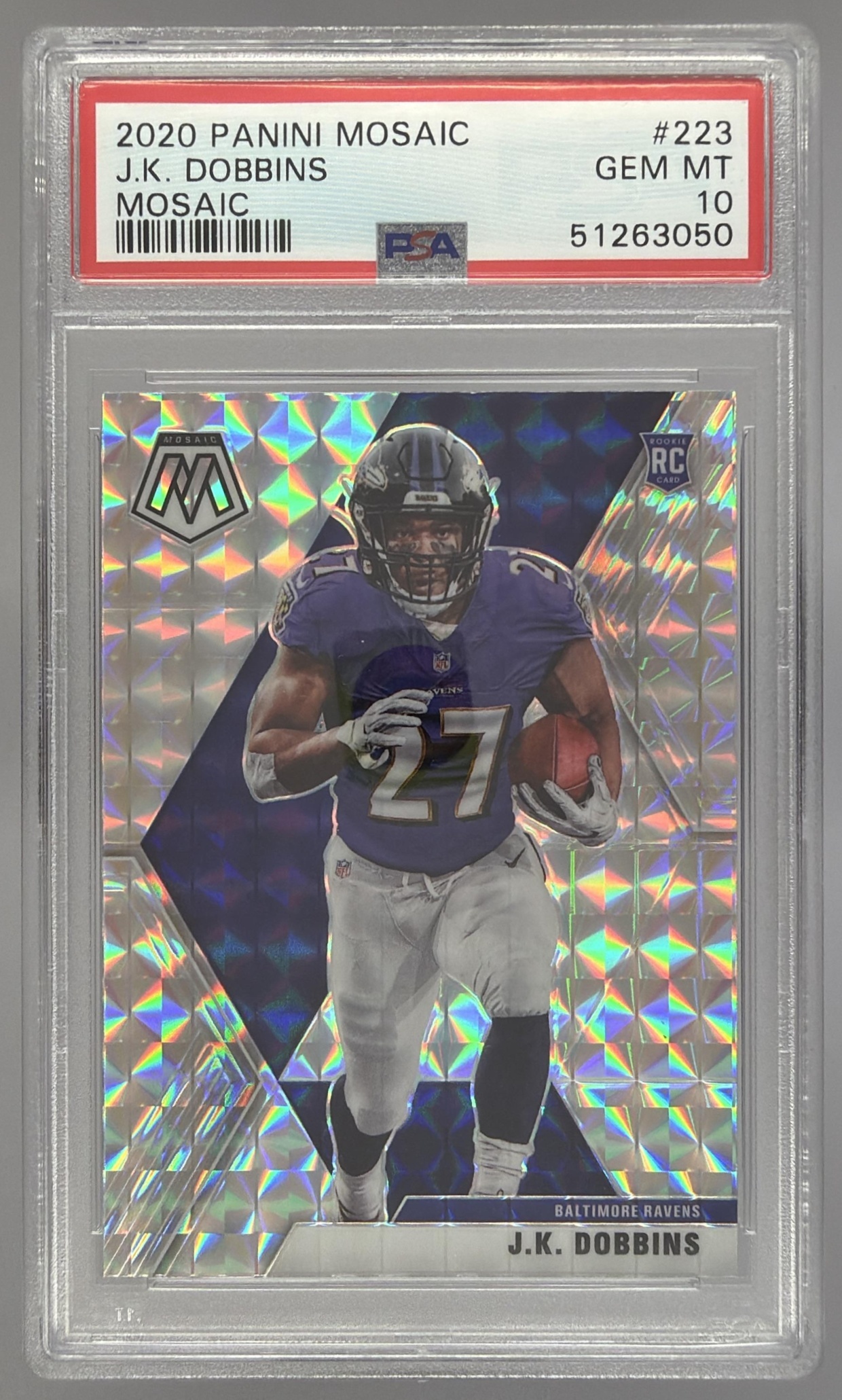 Card image for 2020 Panini Football Mosaic J.K. Dobbins Mosaic Prizm #223 RC Baltimore Ravens