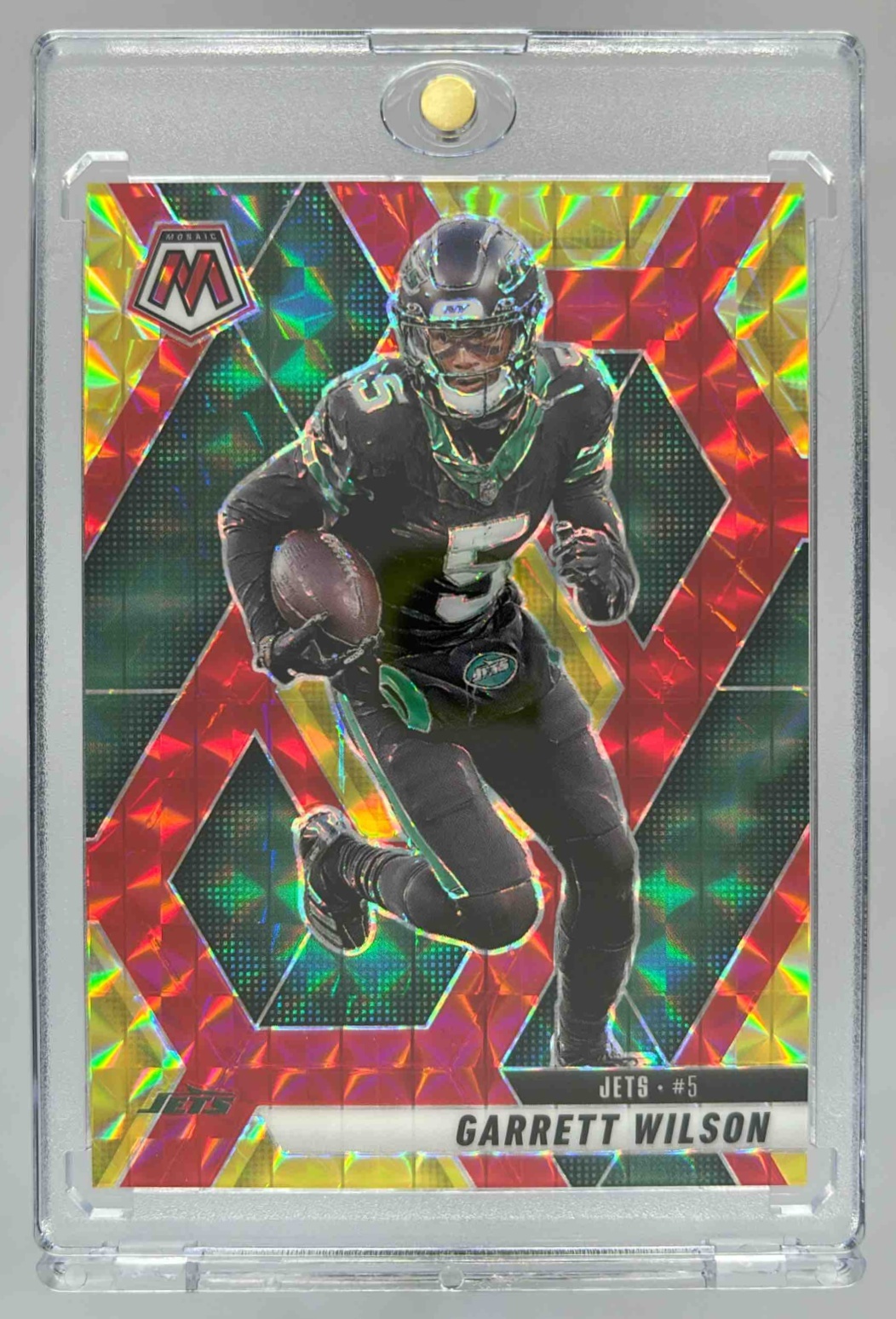 Card image for 2025 Panini Mosaic Garrett Wilson Choice Fusion Red & Yellow Prizm /89 #23 Jets