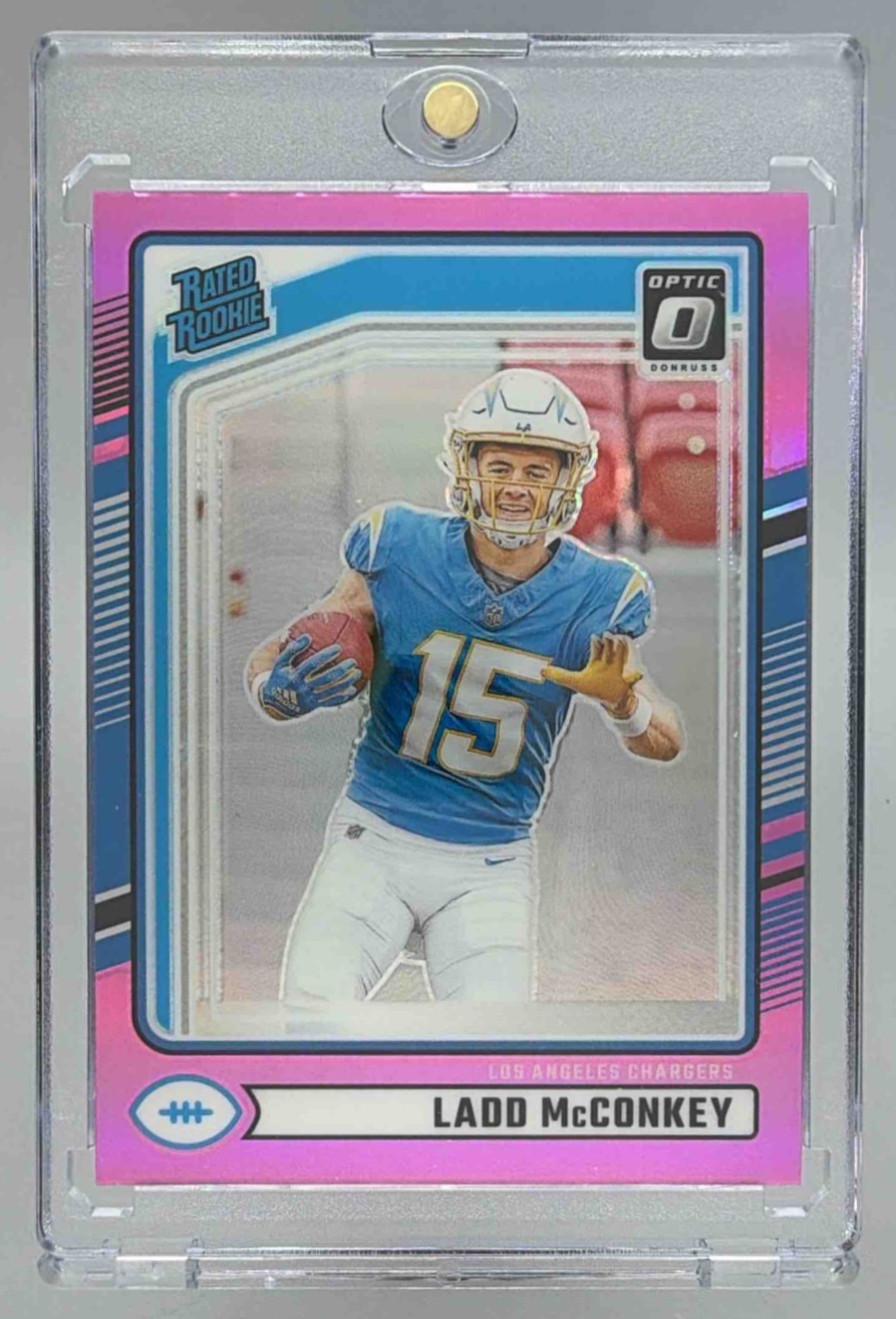 Card image for 2024 Panini Donruss Ladd McConkey Optic Rated Rookie Preview Pink #328 RC Chargers
