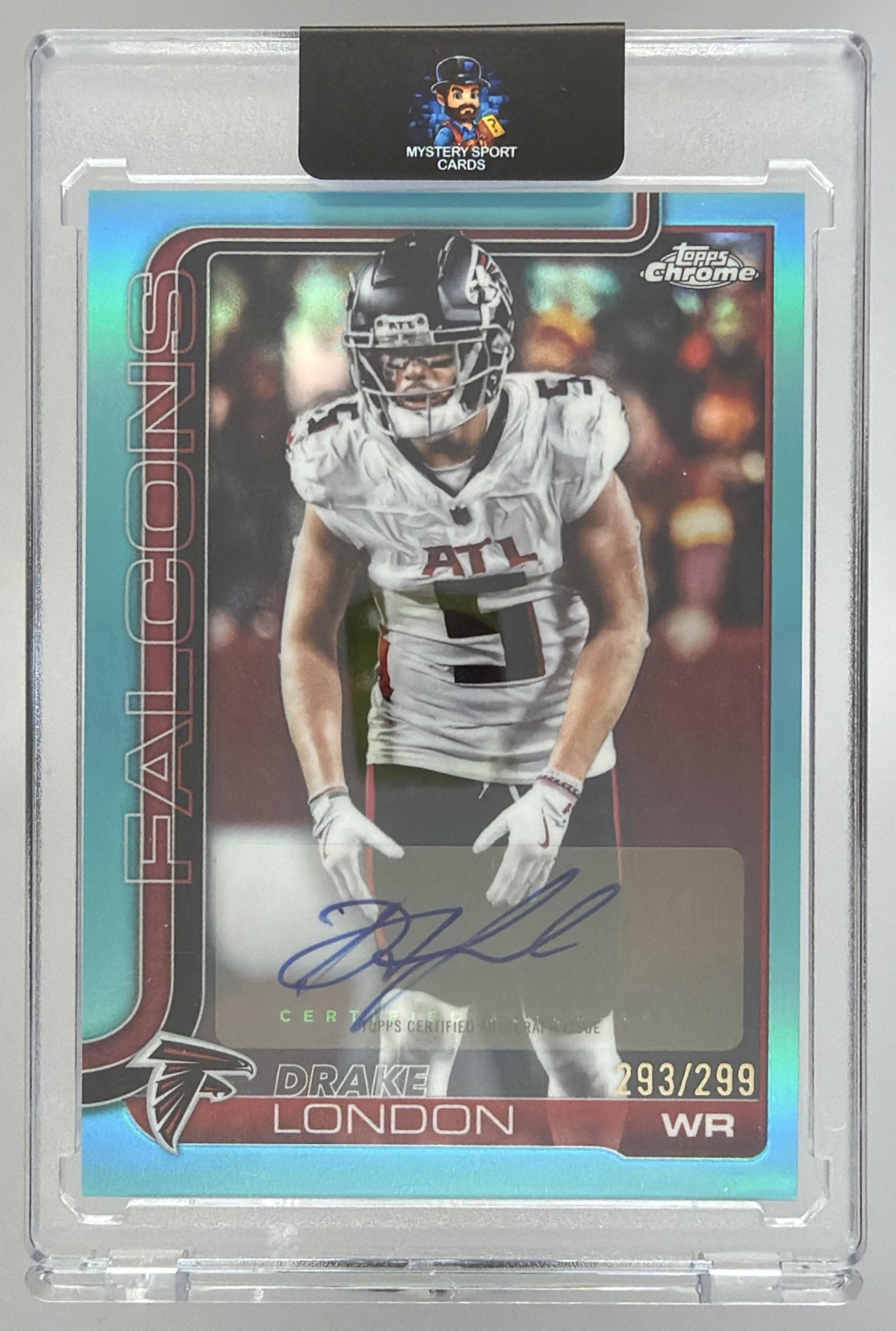 Card image for 2025 Topps Chrome Drake London Auto Teal Lava Refractor /299 #BA-DL Falcons