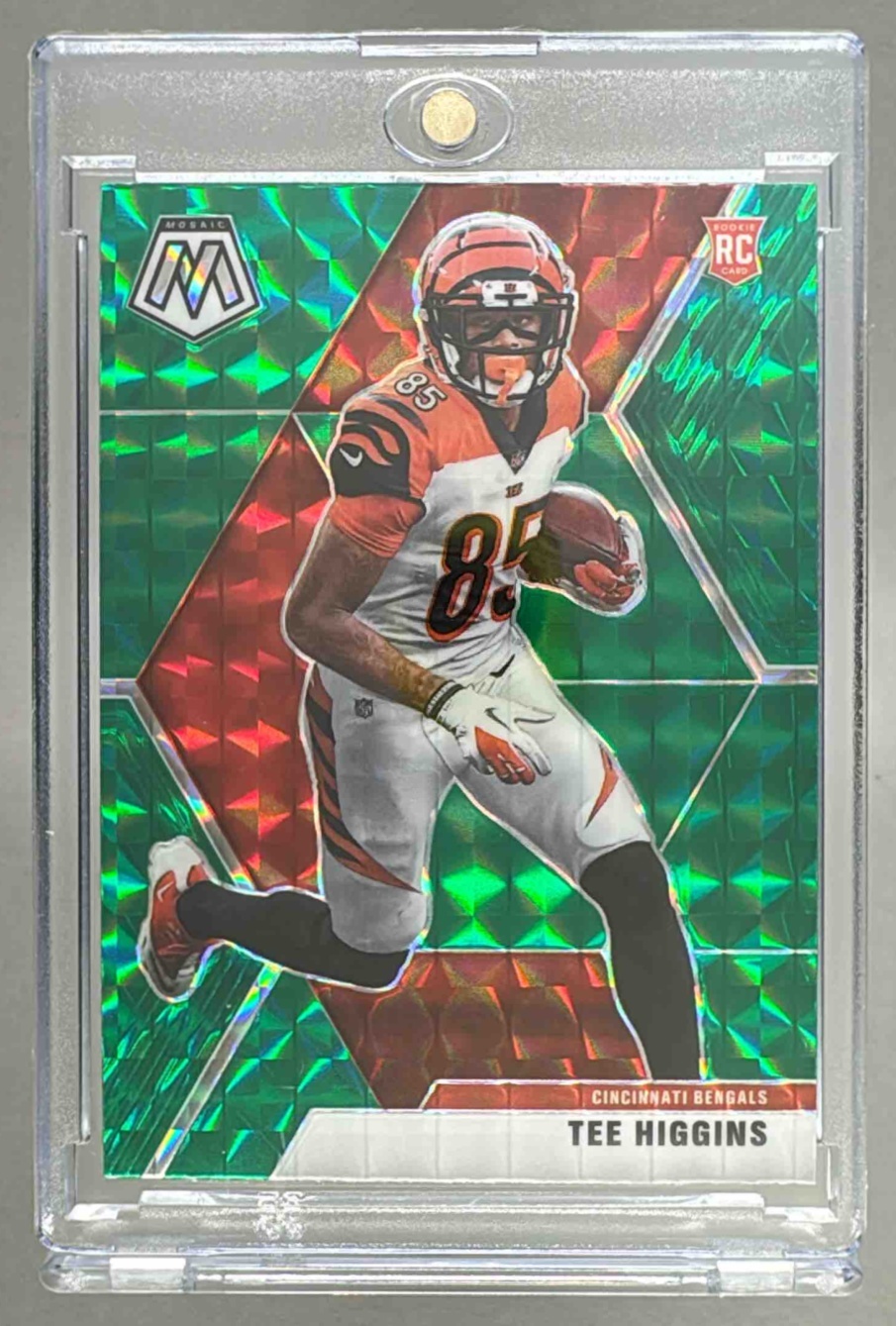 Card image for 2020 Panini Football Mosaic Tee Higgins Prizm Green #213 RC Cincinnati Bengals