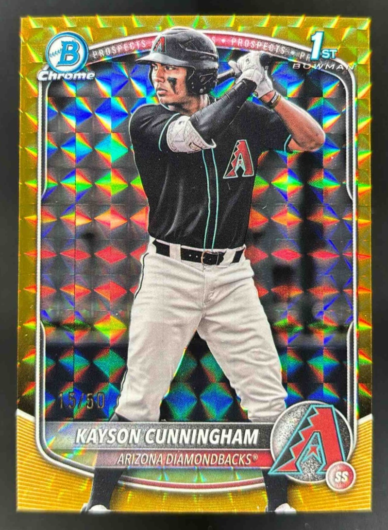 Card image for 2025 Bowman Draft Kayson Cunningham Chrome Gold Geometric Refractor /50 1st