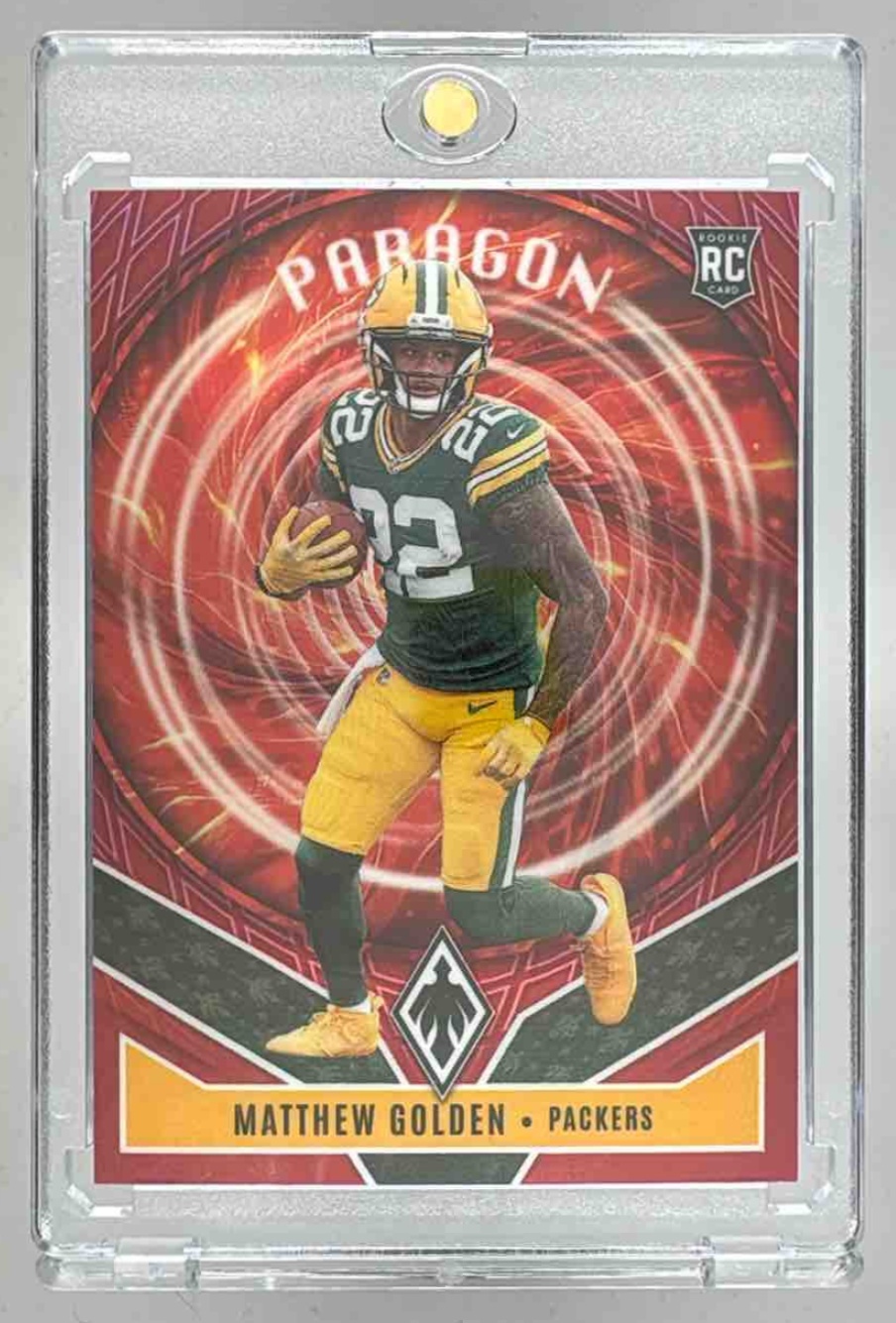 Card image for 2025 Panini Phoenix Matthew Golden Paragon Red Prizm /249 #13 RC Packers