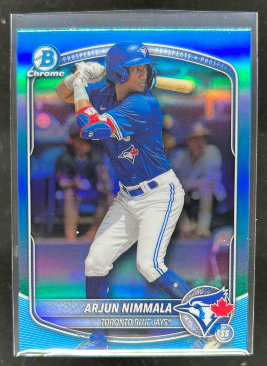 Card image for Arjun Nimmala 2025 Bowman Baseball Draft Chrome Sky Blue Refractor Toronto Jays
