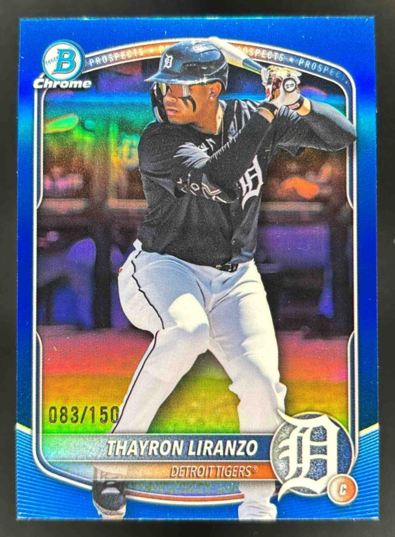 Card image for 2025 Bowman Draft Thayron Liranzo Chrome Blue Refractor /150 #BDC-168 Tigers