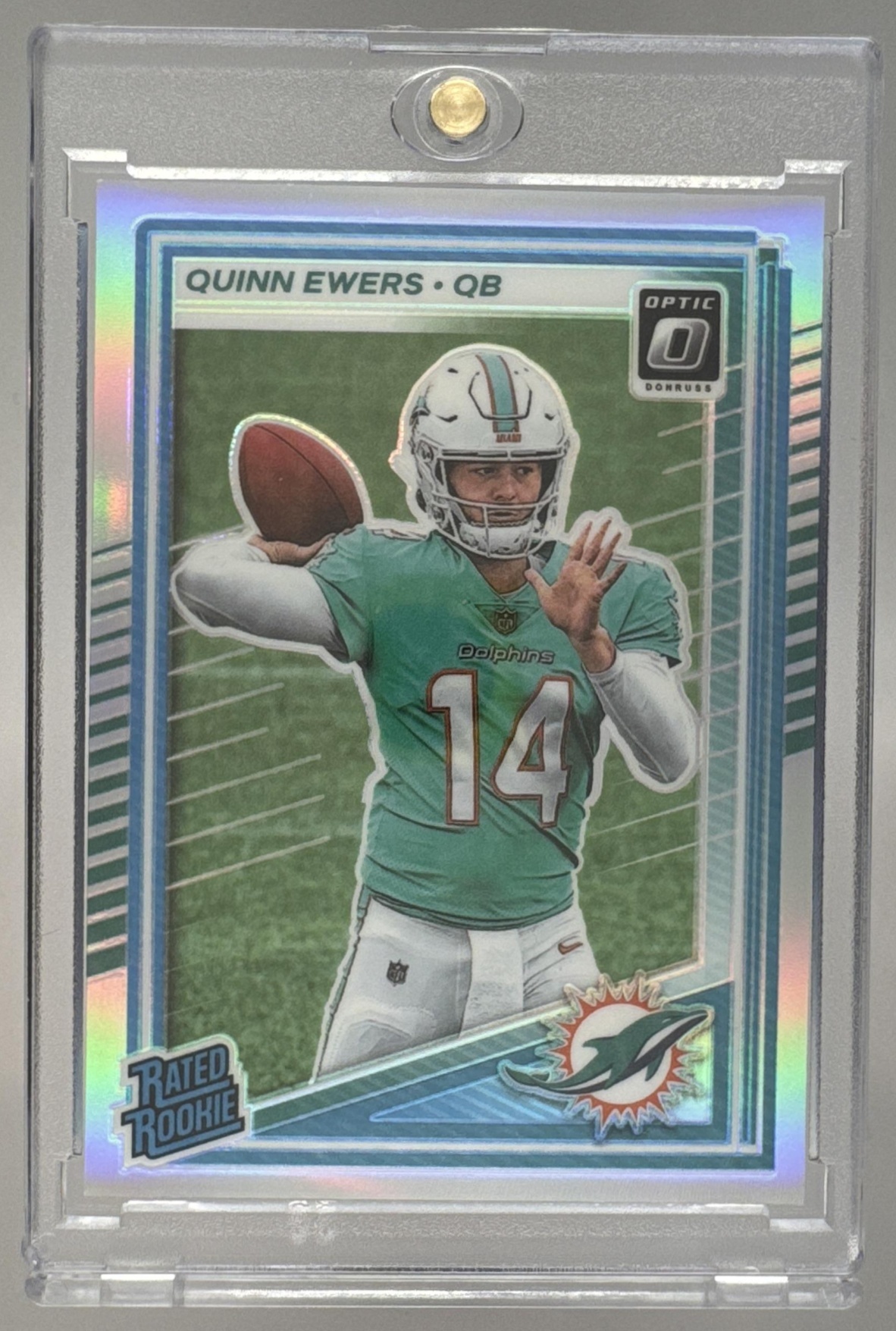 Card image for 2025 Panini Donruss Optic Quinn Ewers Rated Rookie Holo Prizm #213 Dolphins