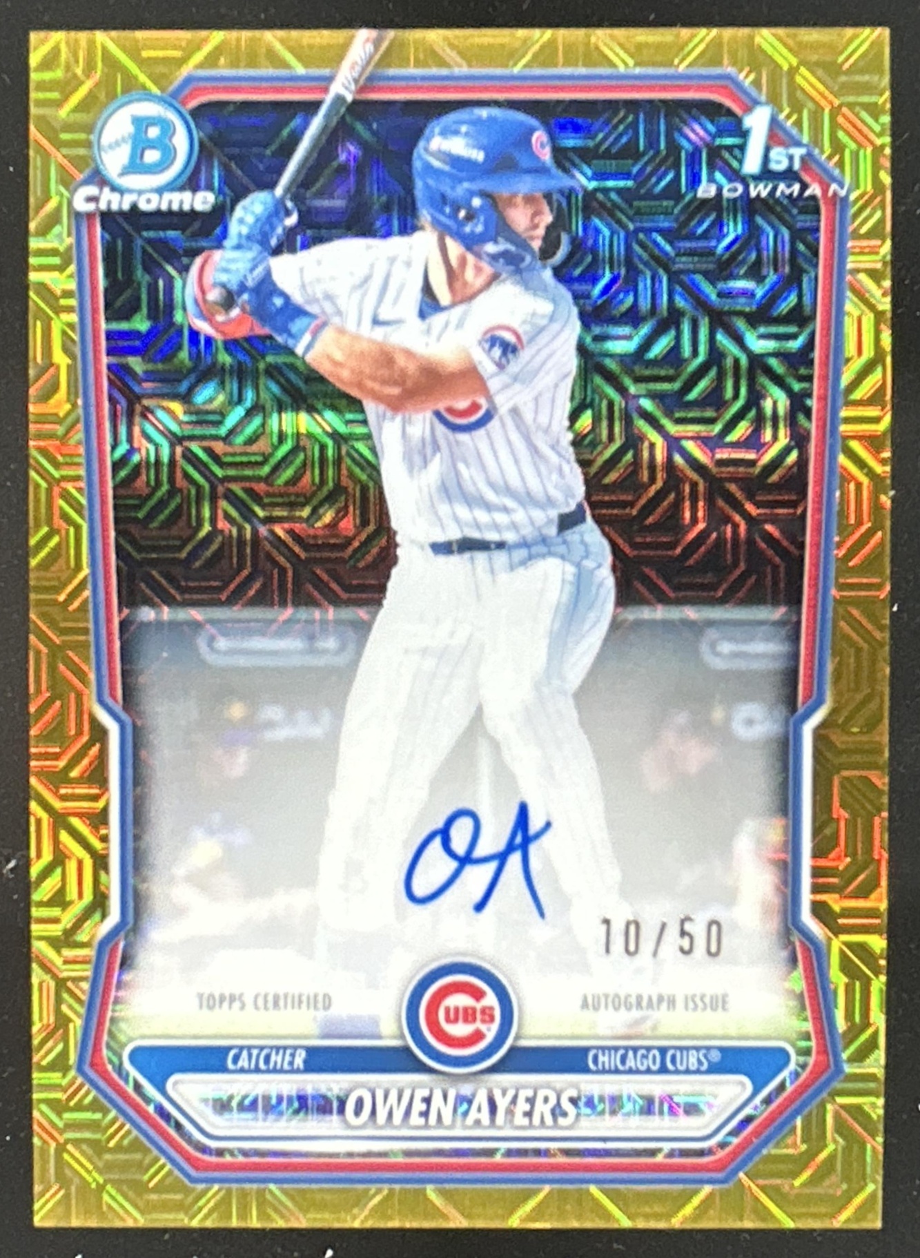Card image for Owen Ayers 2026 Bowman Chrome Mega Box Prospects Auto Gold Mojo Refractor /50