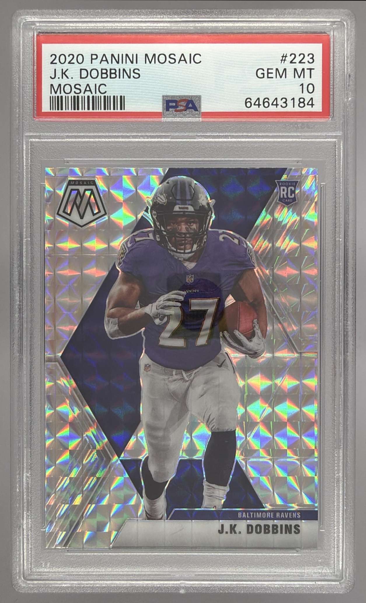 Card image for 2020 Panini Football Mosaic J.K. Dobbins Mosaic Prizm #223 RC Baltimore Ravens