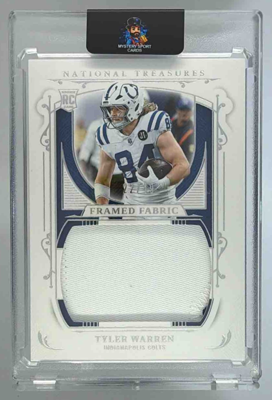 Card image for 2025 Panini National Treasures Tyler Warren Framed Fabric /49 #FF-TWN MEM RC Colts