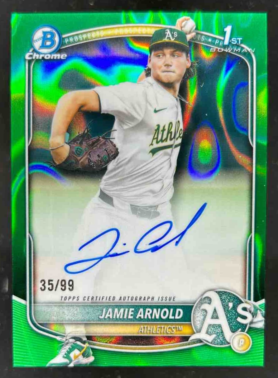 Card image for Jamie Arnold 2025 Bowman Draft Chrome Prospect Auto Green Lava Refractor /99