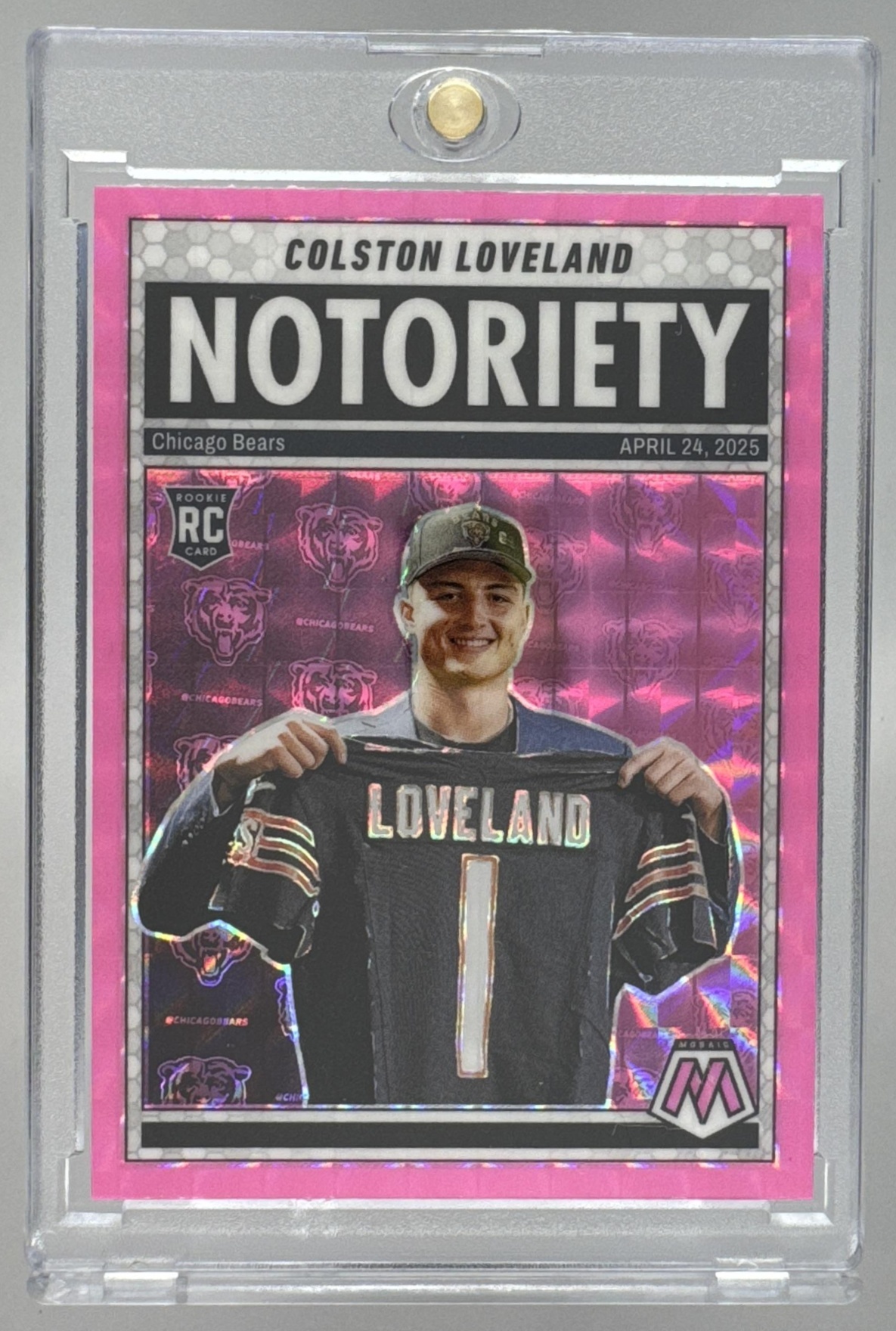 Card image for 2025 Panini Football Mosaic Colston Loveland Notoriety #24 RC Chicago Bears